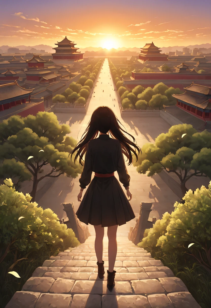 1 girl,模特拍照姿势站在ancient city房屋的顶端，flowing long hair，Gaze at the distant skyline，那Sunset余晖与古老的the forbidden city映造出一道美丽的风景，west wind blows girl&#39;Long hair on the ancient road，the forbidden city，Sunset，Sunset，cloud，fallen flowers，ancient city，dead tree，mottled，grassland，Silent and desolate，contour，backlight，chiaroscuro，vignette，Cinema lighting，film grain