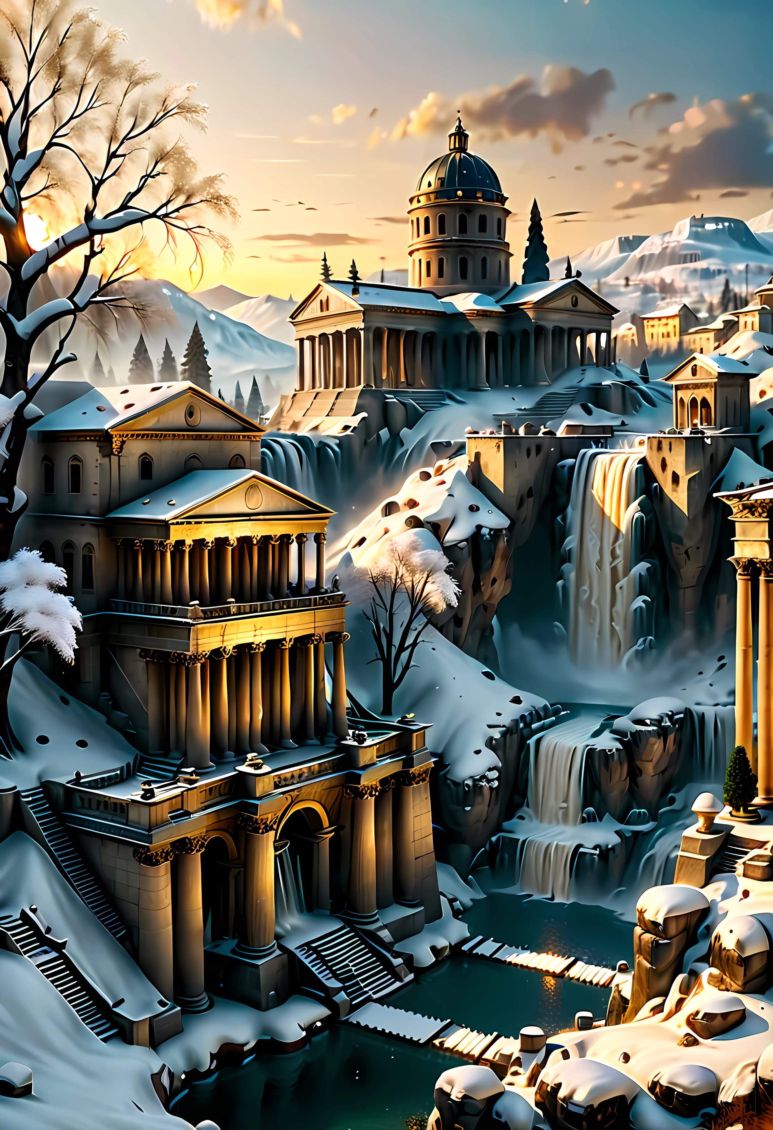 A Pagan Temple overlooks Ancient Roman city with Majestic Freezing Waterfall, mesmerizing freezing waterfall by Sunset light,((golden hour time):1.2),((Ancient Roman City):1.2),((Snow covered trees):1.1), delicate golden hour light, amazing wallpapers, beautiful surroundings, optimistic matte painting, Beautiful digital artwork, Ancient Roman City background, Beautiful and detailed scenes, UHD underground, UHD landscape, Majestic concept art, beautiful Ancient City. |(Masterpiece in maximum 16K resolution), the best quality, (very detailed CG unity 16k wallpaper quality),(Soft colors 16k highly detailed digital art),Super Detailed. | Perfect image,16k UE5,official painting, superfine, Depth of field, no contrast, clean sharp focus, professional, No blurring. | (((More detail))).