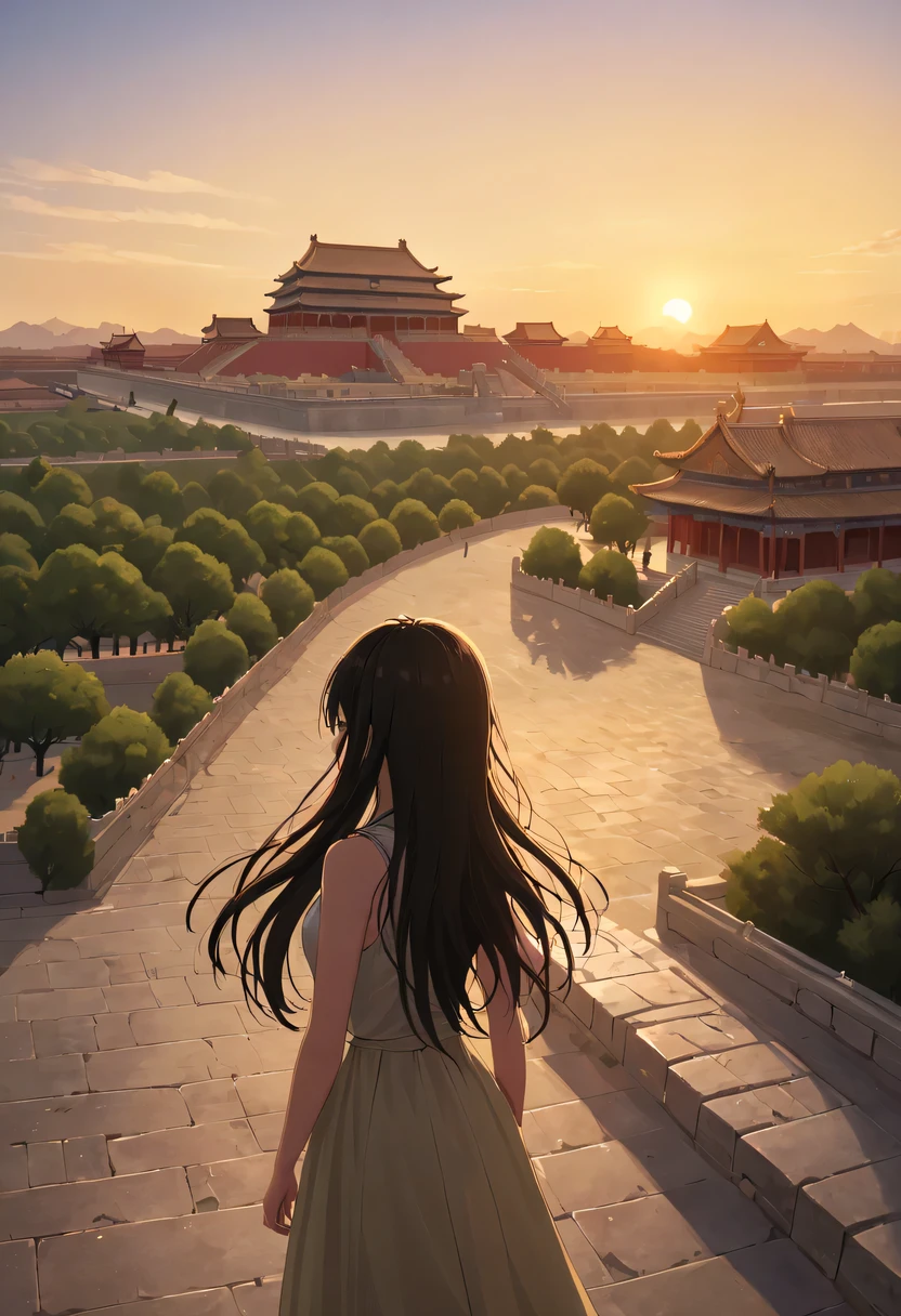 1 girl,模特拍照姿势站在ancient city房屋的顶端，flowing long hair，Gaze at the distant skyline，那Sunset余晖与古老的the forbidden city映造出一道美丽的风景，west wind blows girl&#39;Long hair on the ancient road，the forbidden city，Sunset，Sunset，cloud，fallen flowers，ancient city，dead tree，mottled，grassland，Silent and desolate，contour，backlight，chiaroscuro，vignette，Cinema lighting，film grain