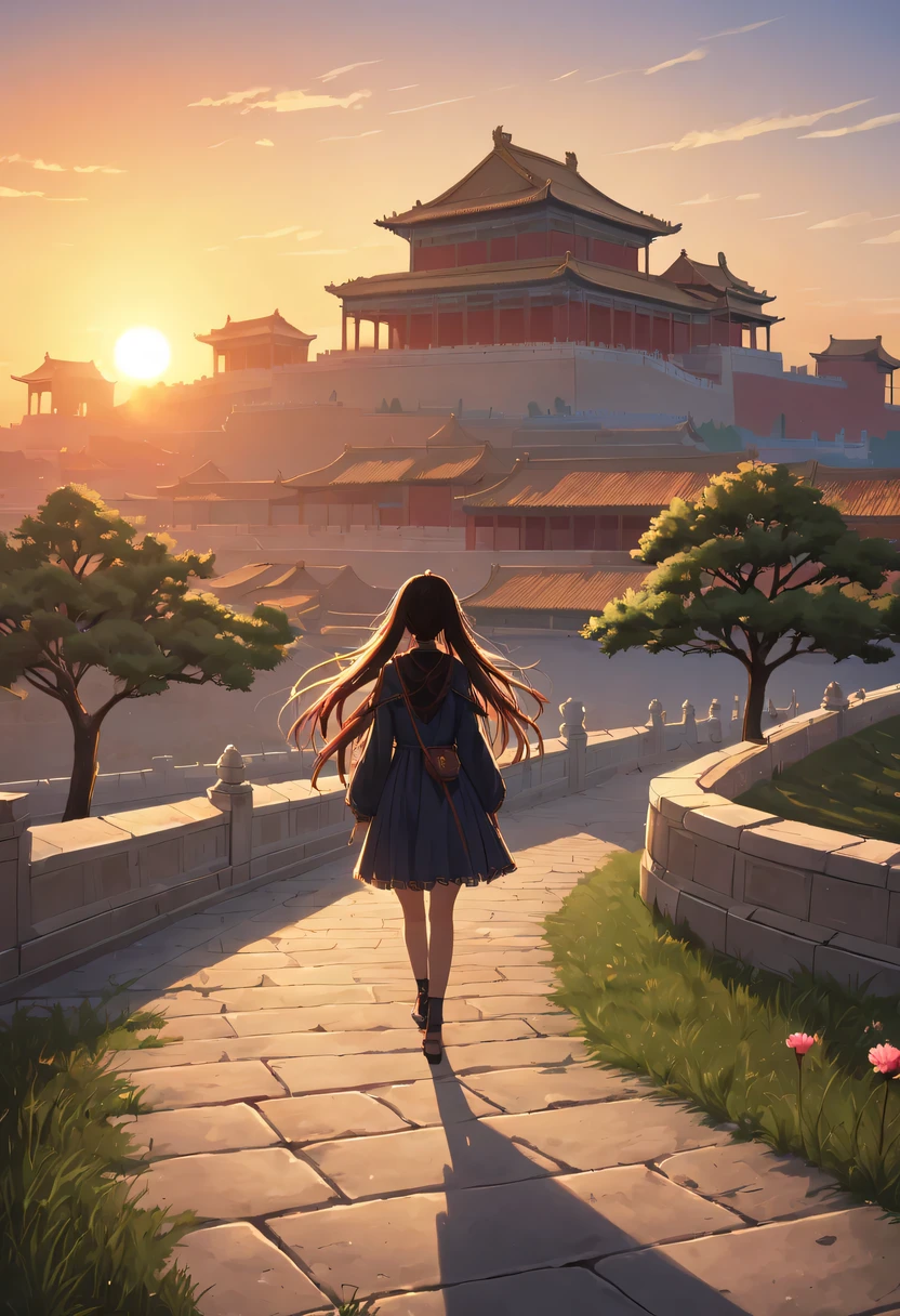 1 girl,模特拍照姿势站在ancient city房屋的顶端，flowing long hair，Gaze at the distant skyline，那Sunset余晖与古老的the forbidden city映造出一道美丽的风景，west wind blows girl&#39;Long hair on the ancient road，the forbidden city，Sunset，Sunset，cloud，fallen flowers，ancient city，dead tree，mottled，grassland，Silent and desolate，contour，backlight，chiaroscuro，vignette，Cinema lighting，film grain