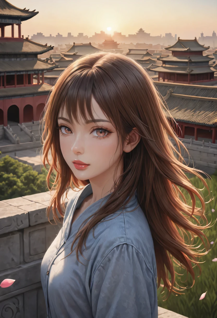 (best quality,4K,8k,high resolution,masterpiece:1.2),Super detailed,(actual,photoactual,photo-actual:1.37),portrait,Beautiful and delicate eyes,Beautiful and delicate lips,Extremely detailed eyes and face,long eyelashes,Styling poses,ancient city houses,flowing hair,Looking at the distant skyline,the setting sun illuminates the ancient the forbidden city,Create a beautiful scenery,The wind blows the girl's hair in the ancient city,the forbidden city,Sunset,sunset,Colorful clouds,falling petals,ancient city,Bare trees,mottled,an overgrown,quiet and desolate,contour,backlight,Contrast between light and shadow,haze,Cinema lighting,film grain