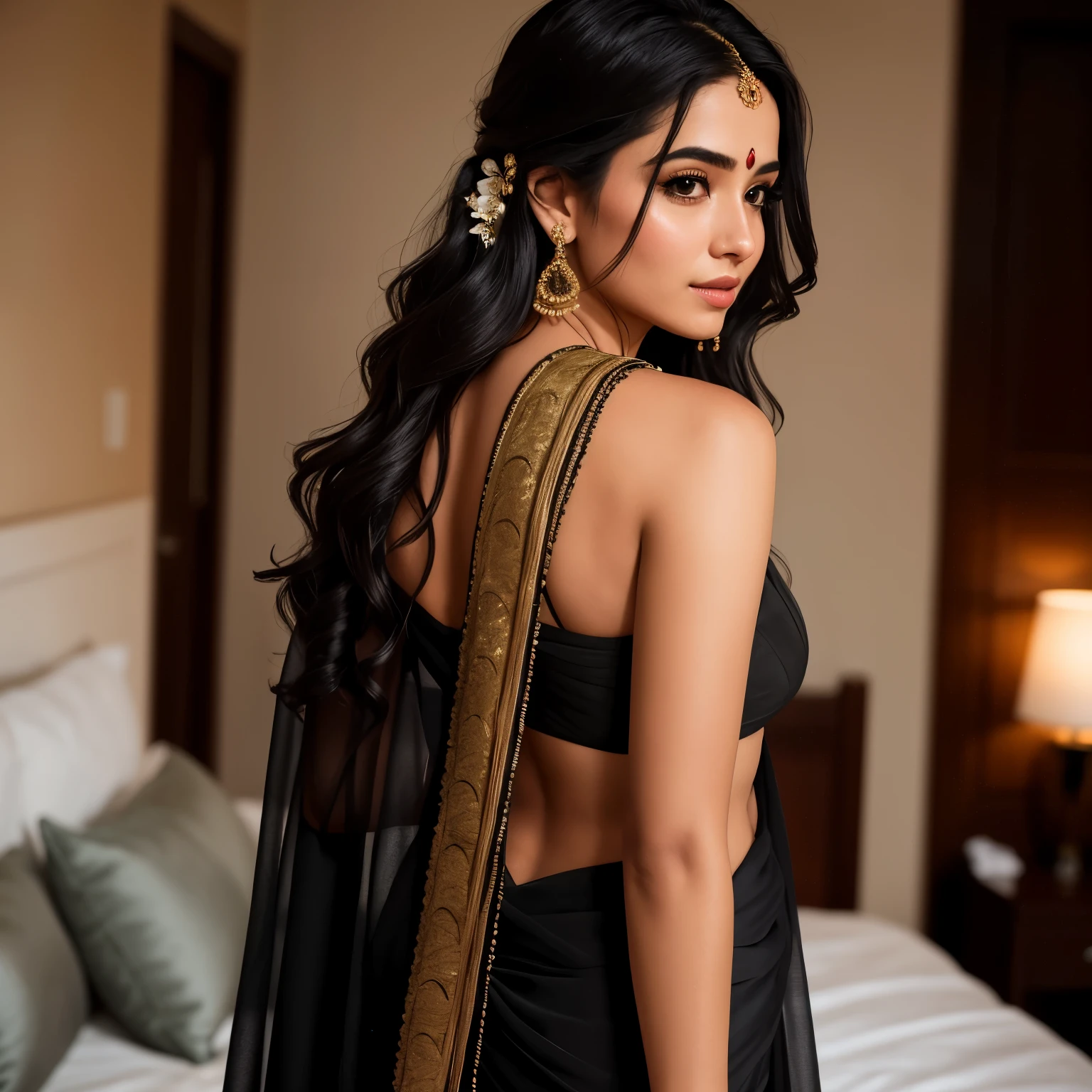 Photo of a beautiful girl in a black saree, raw and captivating, with her long dark hair cascading down her back. The portrait focuses on her detailed face, highlighting her exquisite facial features and finely detailed skin. Her pale complexion adds a touch of elegance to the overall image. She is gracefully wrapped in the folds of the saree, creating a mesmerizing scene in a bedroom environment. The cold color palette enhances the mood, while reflectors add a subtle glow to accentuate her beauty. This masterpiece photograph is perfectly proportioned and captures a photo realistic quality, showcasing the best detailed qualities of the subject. It was expertly photographed using a Canon EOS R5 with a 50mm Lens at F/2.8, resulting in a