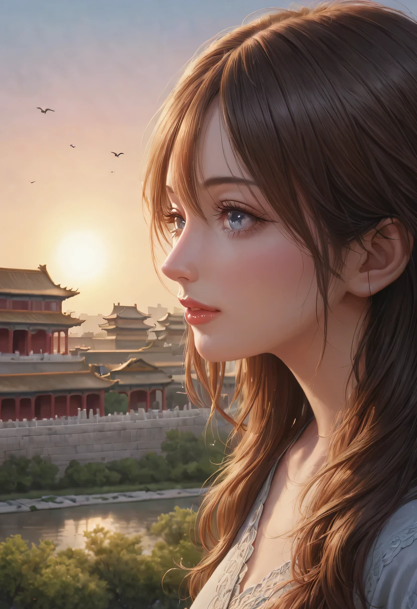 (best quality,4K,8k,high resolution,masterpiece:1.2),Super detailed,(actual,photoactual,photo-actual:1.37),portrait,Beautiful and delicate eyes,Beautiful and delicate lips,Extremely detailed eyes and face,long eyelashes,Styling poses,ancient city houses,flowing hair,Looking at the distant skyline,the setting sun illuminates the ancient the forbidden city,Create a beautiful scenery,The wind blows the girl&#39;s hair in the ancient city,the forbidden city,Sunset,sunset,Colorful clouds,falling petals,ancient city,Bare trees,mottled,an overgrown,quiet and desolate,contour,backlight,Contrast between light and shadow,haze,Cinema lighting,film grain