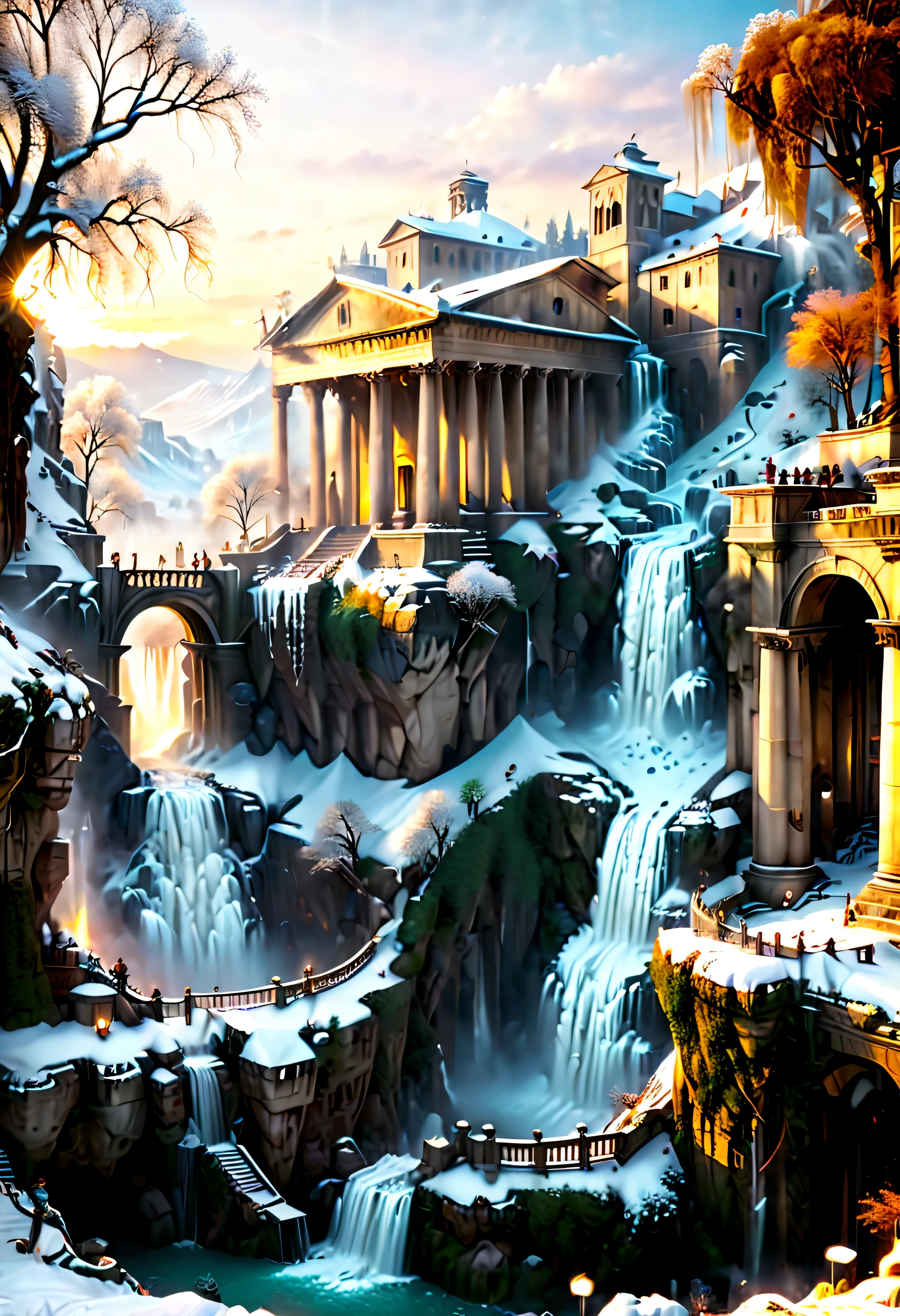 A Pagan Temple overlooks Ancient Roman city with Majestic Freezing Waterfall, mesmerizing freezing waterfall by Sunset light,((golden hour time):1.2),((Ancient Roman City):1.2),((Snow covered trees):1.1), delicate golden hour light, amazing wallpapers, beautiful surroundings, optimistic matte painting, Beautiful digital artwork, Ancient Roman City background, Beautiful and detailed scenes, UHD underground, UHD landscape, Majestic concept art, beautiful Ancient City. |(Masterpiece in maximum 16K resolution), the best quality, (very detailed CG unity 16k wallpaper quality),(Soft colors 16k highly detailed digital art),Super Detailed. | Perfect image,16k UE5,official painting, superfine, Depth of field, no contrast, clean sharp focus, professional, No blurring. | (((More detail))).