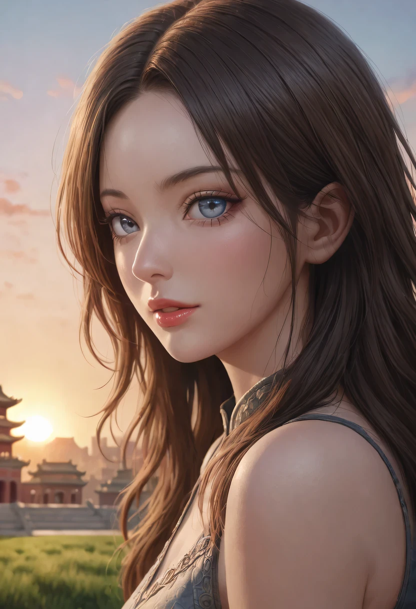 (best quality,4K,8k,high resolution,masterpiece:1.2),Super detailed,(actual,photoactual,photo-actual:1.37),portrait,Beautiful and delicate eyes,Beautiful and delicate lips,Extremely detailed eyes and face,long eyelashes,Styling poses,ancient city houses,flowing hair,Looking at the distant skyline,the setting sun illuminates the ancient the forbidden city,Create a beautiful scenery,The wind blows the girl's hair in the ancient city,the forbidden city,Sunset,sunset,Colorful clouds,falling petals,ancient city,Bare trees,mottled,an overgrown,quiet and desolate,contour,backlight,Contrast between light and shadow,haze,Cinema lighting,film grain