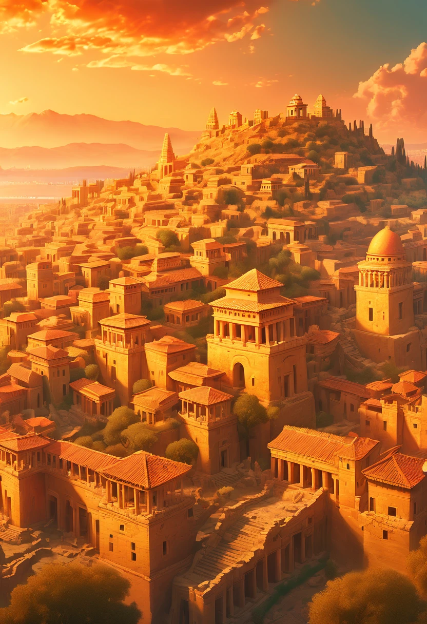 Ancient City at Sunset, by Wu Guanzhong, panoramic view, Ultra high saturation, (best quality, masterpiece, Representative work, official art, Professional, unity 8k wallpaper:1.3)