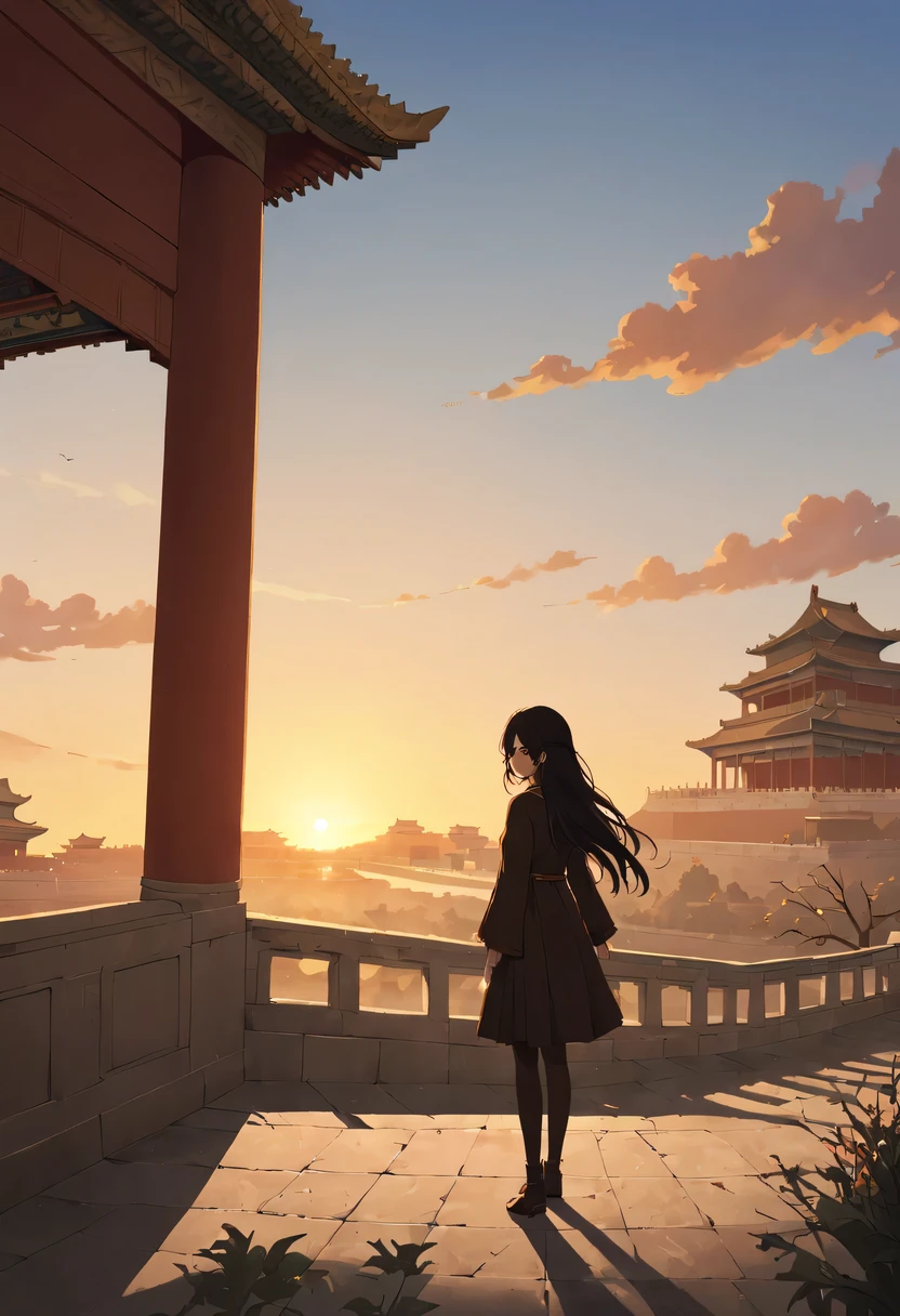 (1 girl:1.2),模特拍照姿势站在ancient city房屋的顶端，flowing long hair，Gaze at the distant skyline，那Sunset余晖与古老的the forbidden city映造出一道美丽的风景，west wind blows girl&#39;Long hair on the ancient road，(the forbidden city:1.3)，(Sunset:1.4)，Sunset，cloud，fallen flowers，ancient city，dead tree，mottled，grassland，Silent and desolate，contour，backlight，chiaroscuro，vignette，Cinema lighting，film grain,