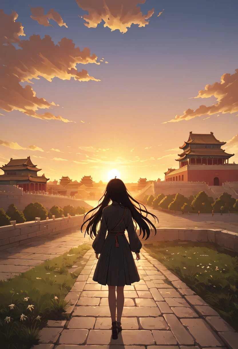 1 girl,模特拍照姿势站在ancient city房屋的顶端，flowing long hair，Gaze at the distant skyline，那Sunset余晖与古老的the forbidden city映造出一道美丽的风景，west wind blows girl&#39;Long hair on the ancient road，the forbidden city，Sunset，Sunset，cloud，fallen flowers，ancient city，dead tree，mottled，grassland，Silent and desolate，contour，backlight，chiaroscuro，vignette，Cinema lighting，film grain