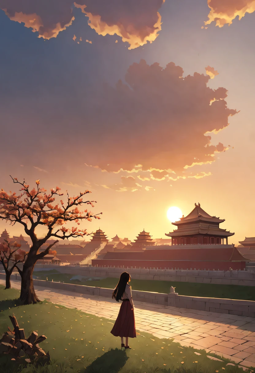 1 girl,模特拍照姿势站在ancient city房屋的顶端，flowing long hair，Gaze at the distant skyline，那Sunset余晖与古老的the forbidden city映造出一道美丽的风景，west wind blows girl&#39;Long hair on the ancient road，the forbidden city，Sunset，Sunset，cloud，fallen flowers，ancient city，dead tree，mottled，grassland，Silent and desolate，contour，backlight，chiaroscuro，vignette，Cinema lighting，film grain