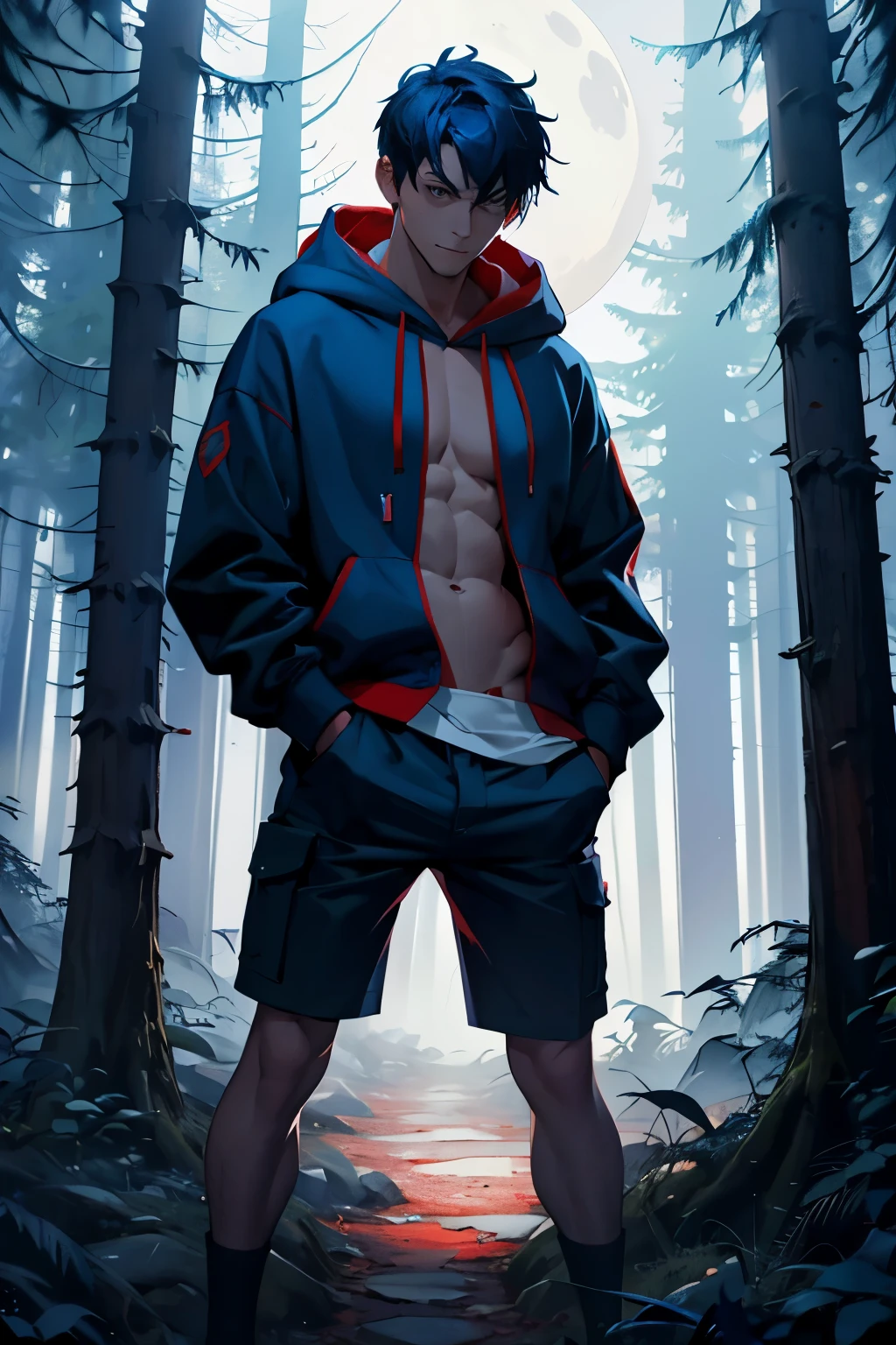 a man with dark blue hair and a closed red hoodie. he is in a dark forest. slim figure. he has no pants on. posing, cock masturbating. creepy. horror. nsfw, naked. visible cock. shadows on his face. it's night, moon. suggestive lighting