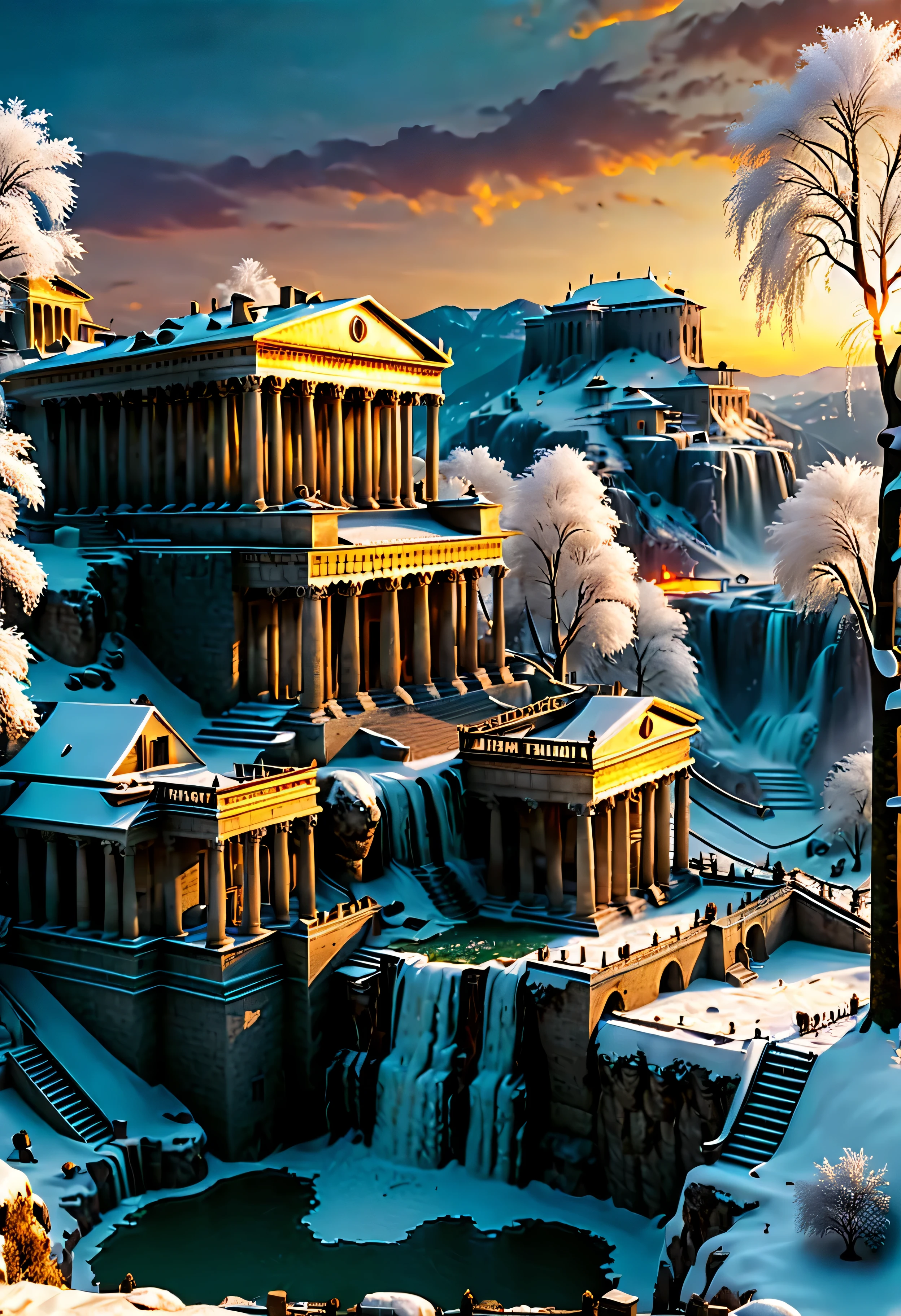 A Pagan Temple overlooks Ancient Roman city with Majestic Freezing Waterfall, mesmerizing freezing waterfall by Sunset light,((golden hour time):1.2),((Ancient Roman City):1.2),((Snow covered trees):1.1), delicate golden hour light, amazing wallpapers, beautiful surroundings, optimistic matte painting, Beautiful digital artwork, Ancient Roman City background, Beautiful and detailed scenes, UHD underground, UHD landscape, Majestic concept art, beautiful Ancient City. |(Masterpiece in maximum 16K resolution), the best quality, (very detailed CG unity 16k wallpaper quality),(Soft colors 16k highly detailed digital art),Super Detailed. | Perfect image,16k UE5,official painting, superfine, Depth of field, no contrast, clean sharp focus, professional, No blurring. | (((More detail))).