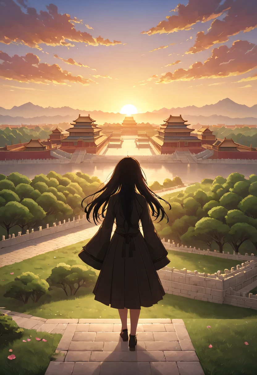 1 girl,模特拍照姿势站在ancient city房屋的顶端，flowing long hair，Gaze at the distant skyline，那Sunset余晖与古老的the forbidden city映造出一道美丽的风景，west wind blows girl&#39;Long hair on the ancient road，the forbidden city，Sunset，Sunset，cloud，fallen flowers，ancient city，dead tree，mottled，grassland，Silent and desolate，contour，backlight，chiaroscuro，vignette，Cinema lighting，film grain