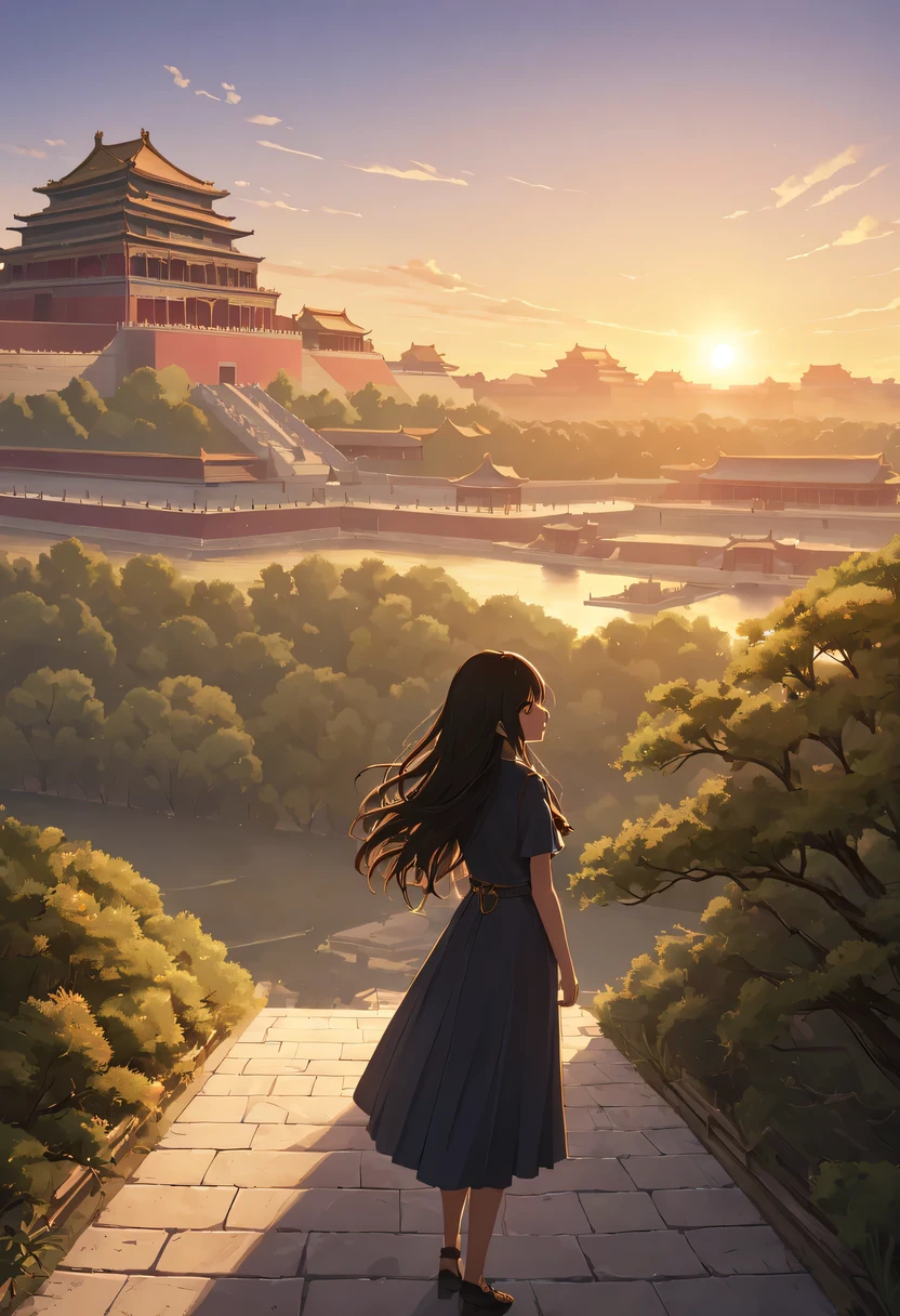 (1 girl:1.2),模特拍照姿势站在ancient city房屋的顶端，flowing long hair，Gaze at the distant skyline，那Sunset余晖与古老的the forbidden city映造出一道美丽的风景，west wind blows girl&#39;Long hair on the ancient road，(the forbidden city:1.3)，(Sunset:1.4)，Sunset，cloud，fallen flowers，ancient city，dead tree，mottled，grassland，Silent and desolate，contour，backlight，chiaroscuro，vignette，Cinema lighting，film grain,
