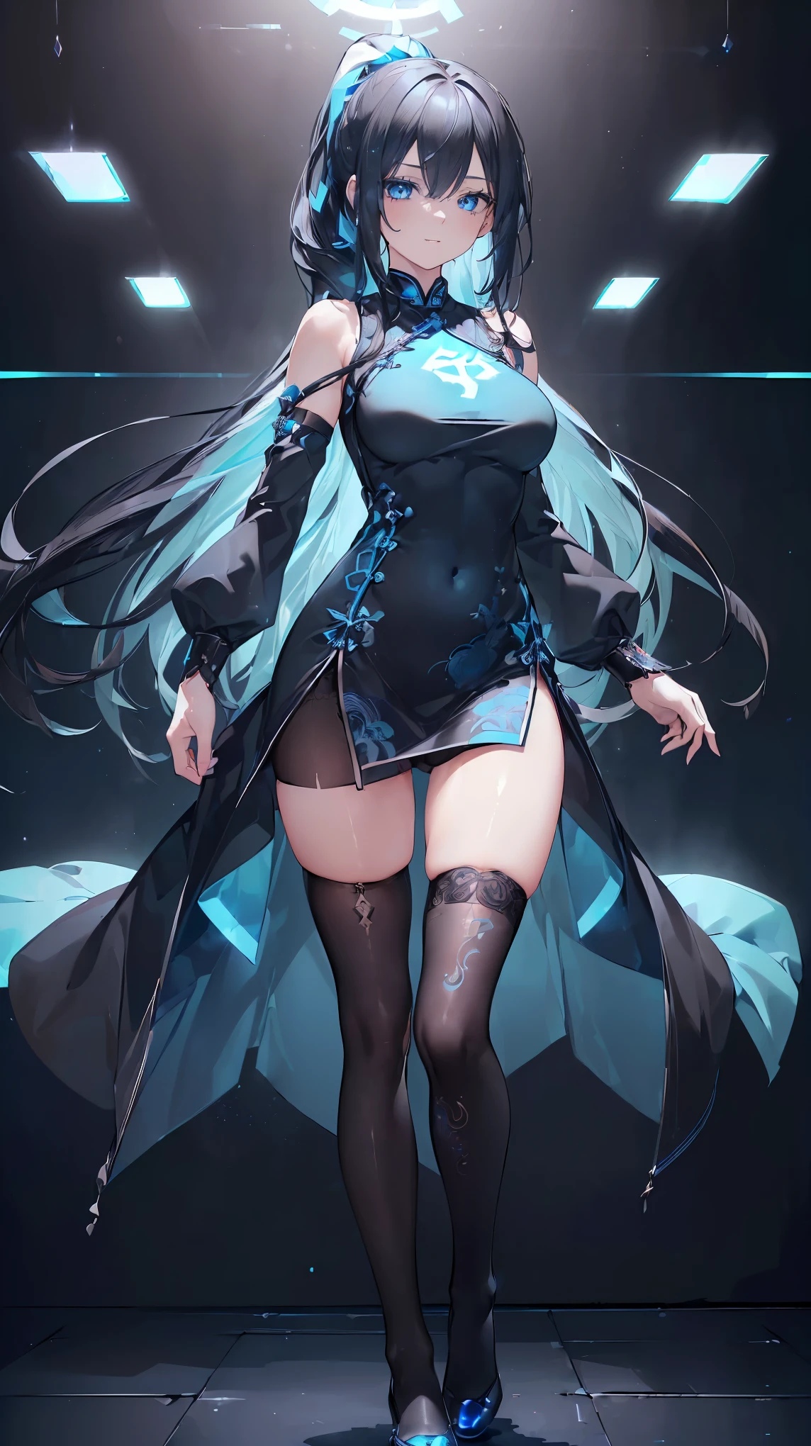 (((((extremely detailed CG unity 8k wallpaper)))), (((ultra-detailed))), (((extremely detailed))), (((best illustration))), best illumination, ((extremely delicate and beautiful)), ((an extremely delicate and beautiful girl)), colourful, modern, (tokyo (city)), ((girl (solo))), ((finely detailed beautiful eyes and detailed face)), (((black hair))), (Dark hair), ((really long hair)), (((long ponytail))), ((((parted bangs, open forehead)))), shiny hair, ((((blue eyes(glowing))))), beautiful detailed eyes, mature female, delinquent girl, bishoujo, smile, smug, cold stare, cool, slender, medium breast, (((intricate details))), (black and blue Cheongsam Dress), (panties), (black tights), ((full-body shot))