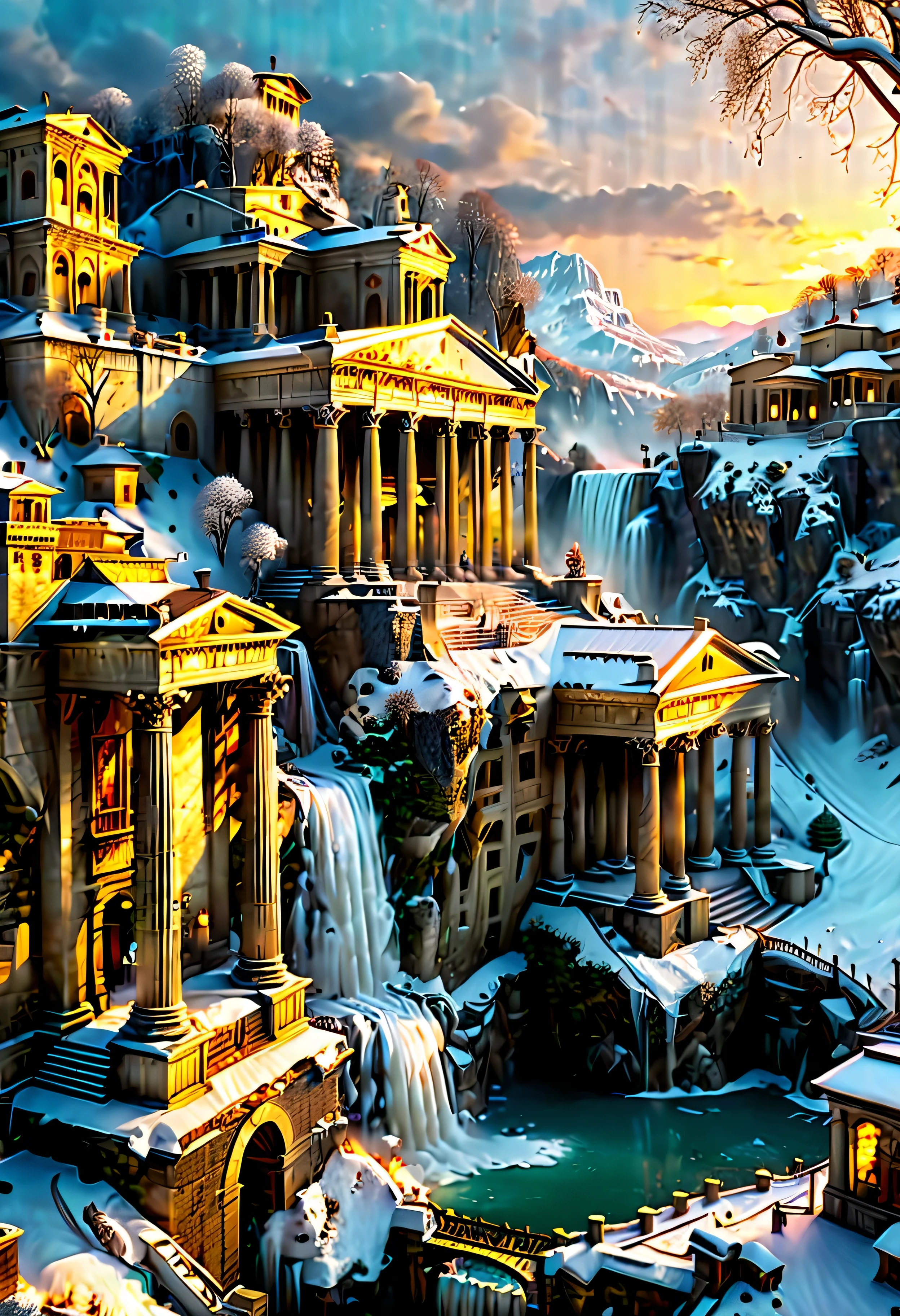 A Pagan Temple overlooks Ancient Roman city with Majestic Freezing Waterfall, mesmerizing freezing waterfall by Sunset light,((golden hour time):1.2),((Ancient Roman City):1.2),((Snow covered trees):1.1), delicate golden hour light, amazing wallpapers, beautiful surroundings, optimistic matte painting, Beautiful digital artwork, Ancient Roman City background, Beautiful and detailed scenes, UHD underground, UHD landscape, Majestic concept art, beautiful Ancient City. |(Masterpiece in maximum 16K resolution), the best quality, (very detailed CG unity 16k wallpaper quality),(Soft colors 16k highly detailed digital art),Super Detailed. | Perfect image,16k UE5,official painting, superfine, Depth of field, no contrast, clean sharp focus, professional, No blurring. | (((More detail))).
