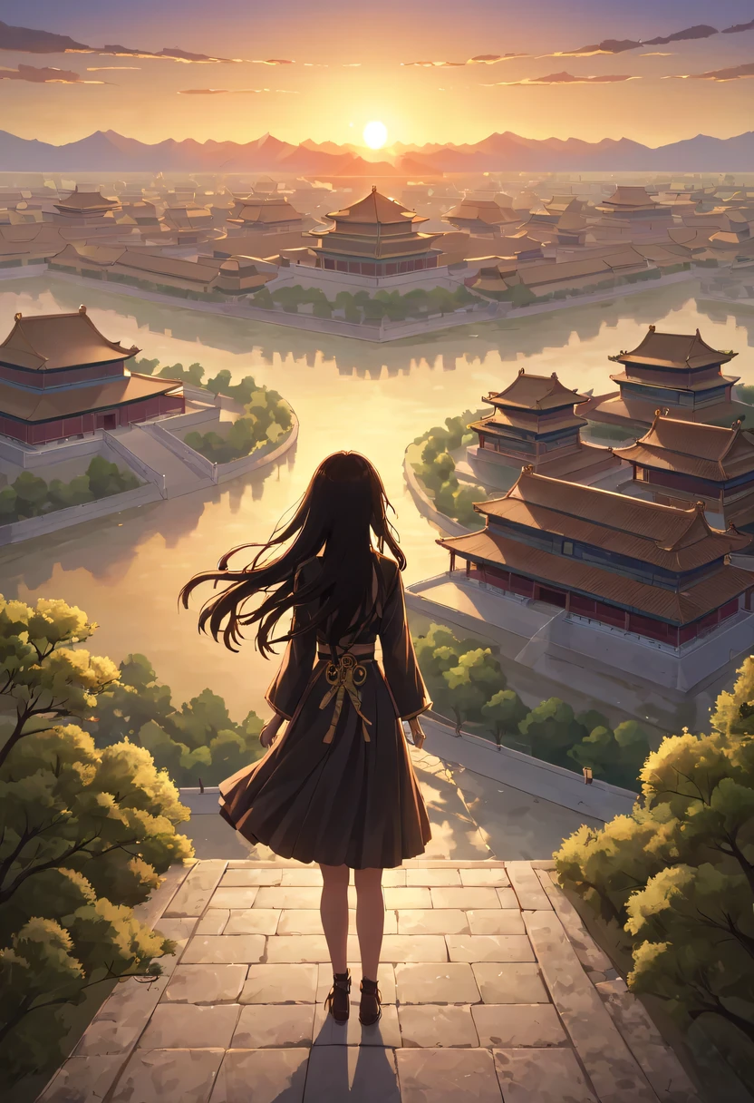 (1 girl:1.2),模特拍照姿势站在ancient city房屋的顶端，flowing long hair，Gaze at the distant skyline，那Sunset余晖与古老的the forbidden city映造出一道美丽的风景，west wind blows girl&#39;Long hair on the ancient road，(the forbidden city:1.3)，(Sunset:1.4)，Sunset，cloud，fallen flowers，ancient city，dead tree，mottled，grassland，Silent and desolate，contour，backlight，chiaroscuro，vignette，Cinema lighting，film grain,