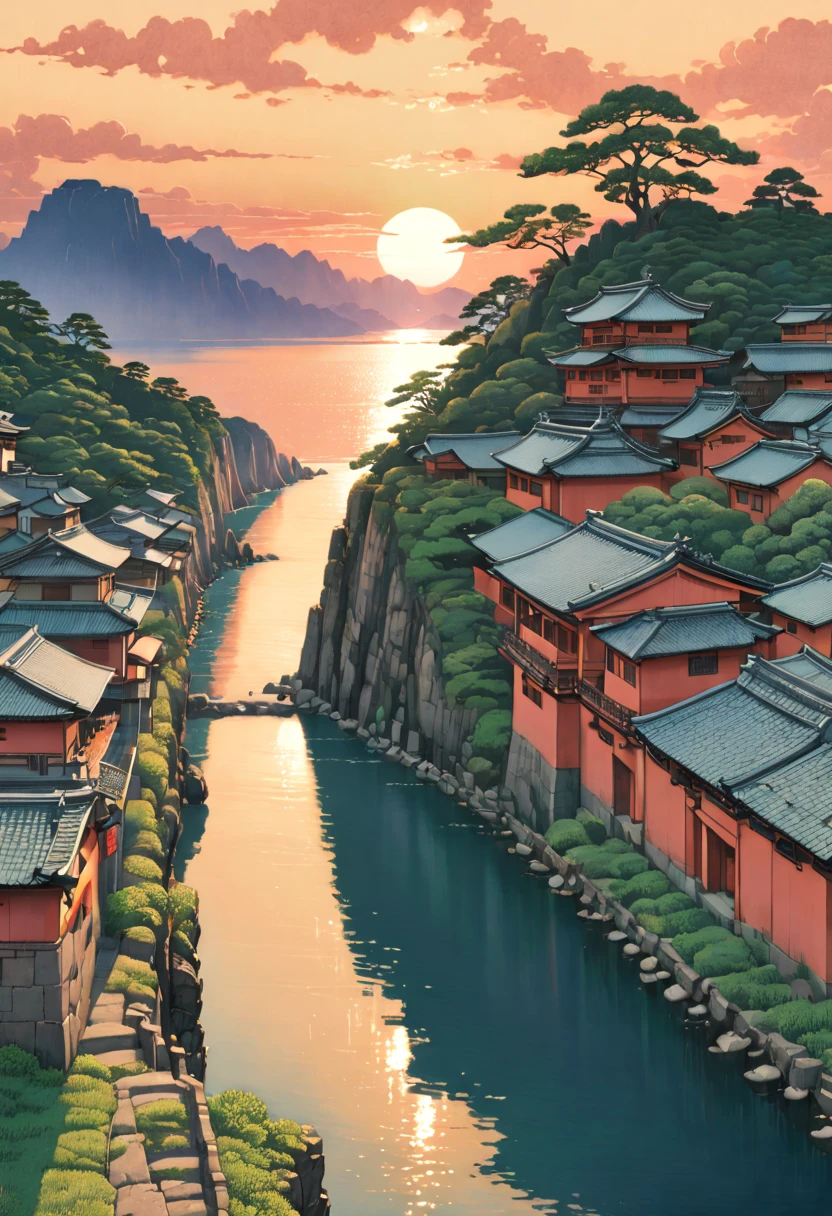 Ancient City, Sunset, by Kawase Hasui, best quality, masterpiece, 8k