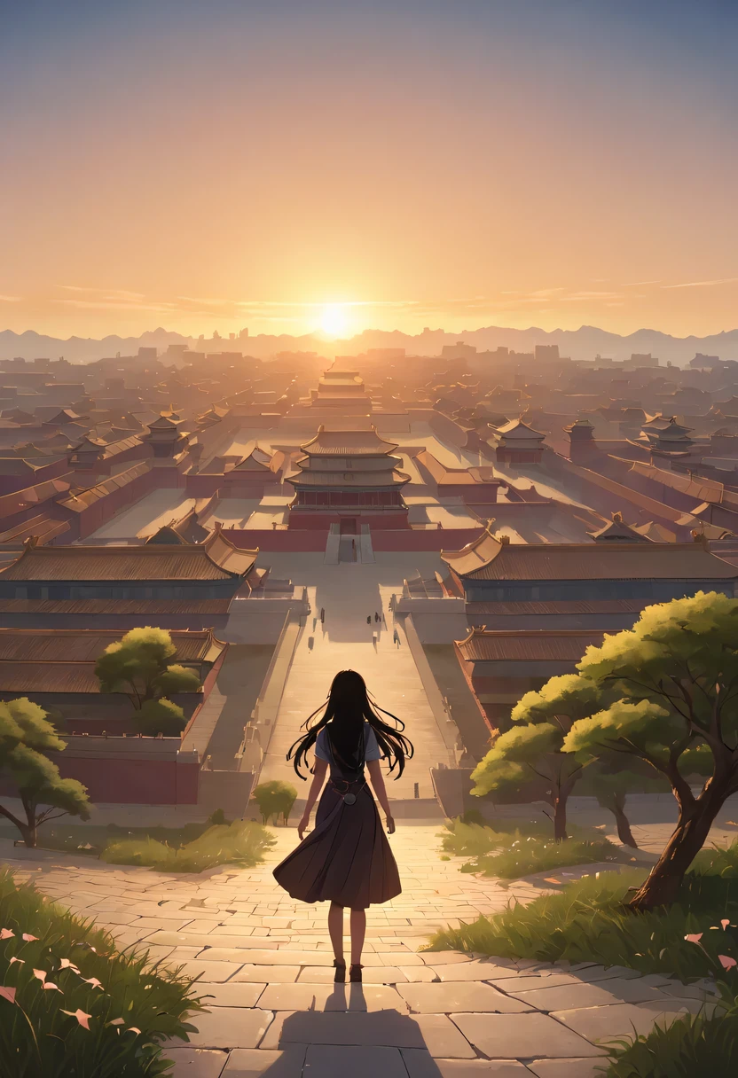 1 girl,模特拍照姿势站在ancient city房屋的顶端，flowing long hair，Gaze at the distant skyline，那Sunset余晖与古老的the forbidden city映造出一道美丽的风景，west wind blows girl&#39;Long hair on the ancient road，the forbidden city，Sunset，Sunset，cloud，fallen flowers，ancient city，dead tree，mottled，grassland，Silent and desolate，contour，backlight，chiaroscuro，vignette，Cinema lighting，film grain