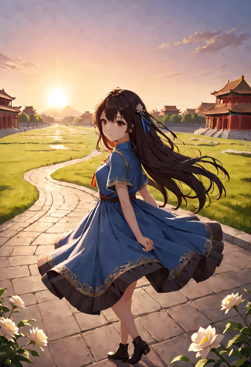 1 girl,模特拍照姿势站在ancient city房屋的顶端，flowing long hair，Gaze at the distant skyline，那Sunset余晖与古老的the forbidden city映造出一道美丽的风景，west wind blows girl&#39;Long hair on the ancient road，the forbidden city，Sunset，Sunset，cloud，fallen flowers，ancient city，dead tree，mottled，grassland，Silent and desolate，contour，backlight，chiaroscuro，vignette，Cinema lighting，film grain