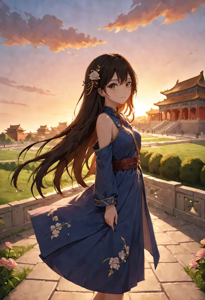 1 girl,模特拍照姿势站在ancient city房屋的顶端，flowing long hair，Gaze at the distant skyline，那Sunset余晖与古老的the forbidden city映造出一道美丽的风景，west wind blows girl&#39;Long hair on the ancient road，the forbidden city，Sunset，Sunset，cloud，fallen flowers，ancient city，dead tree，mottled，grassland，Silent and desolate，contour，backlight，chiaroscuro，vignette，Cinema lighting，film grain