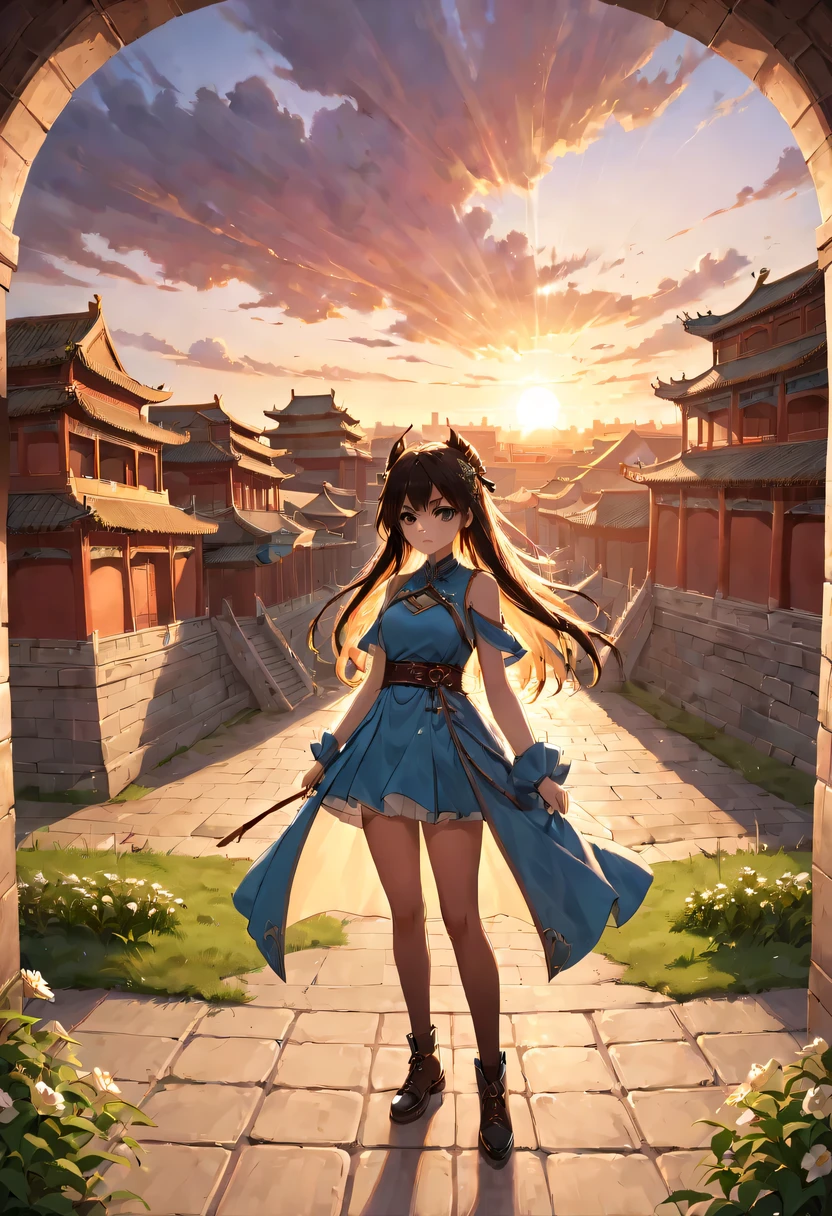 1 girl,模特拍照姿势站在ancient city房屋的顶端，flowing long hair，Gaze at the distant skyline，那Sunset余晖与古老的the forbidden city映造出一道美丽的风景，west wind blows girl&#39;Long hair on the ancient road，the forbidden city，Sunset，Sunset，cloud，fallen flowers，ancient city，dead tree，mottled，grassland，Silent and desolate，contour，backlight，chiaroscuro，vignette，Cinema lighting，film grain