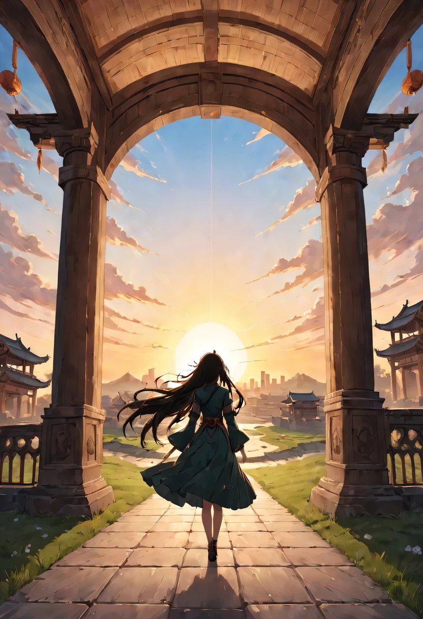 1 girl,模特拍照姿势站在ancient city房屋的顶端，flowing long hair，Gaze at the distant skyline，那Sunset余晖与古老的the forbidden city映造出一道美丽的风景，west wind blows girl&#39;Long hair on the ancient road，the forbidden city，Sunset，Sunset，cloud，fallen flowers，ancient city，dead tree，mottled，grassland，Silent and desolate，contour，backlight，chiaroscuro，vignette，Cinema lighting，film grain