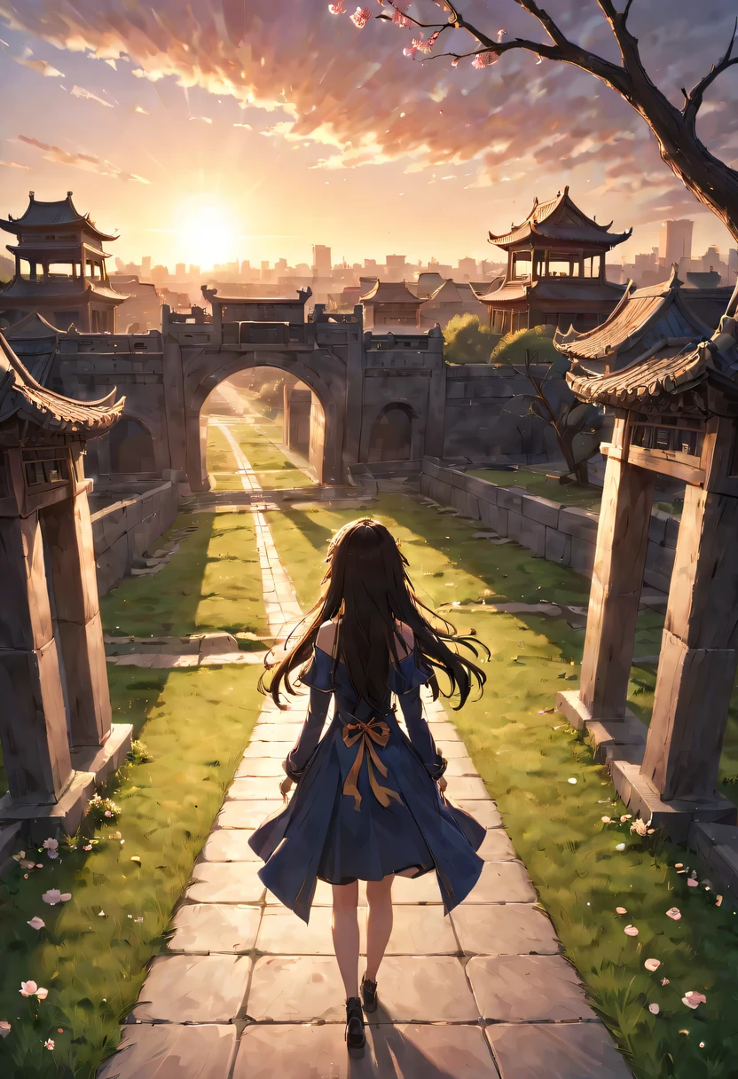 1 girl,模特拍照姿势站在ancient city房屋的顶端，flowing long hair，Gaze at the distant skyline，那Sunset余晖与古老的the forbidden city映造出一道美丽的风景，west wind blows girl&#39;Long hair on the ancient road，the forbidden city，Sunset，Sunset，cloud，fallen flowers，ancient city，dead tree，mottled，grassland，Silent and desolate，contour，backlight，chiaroscuro，vignette，Cinema lighting，film grain