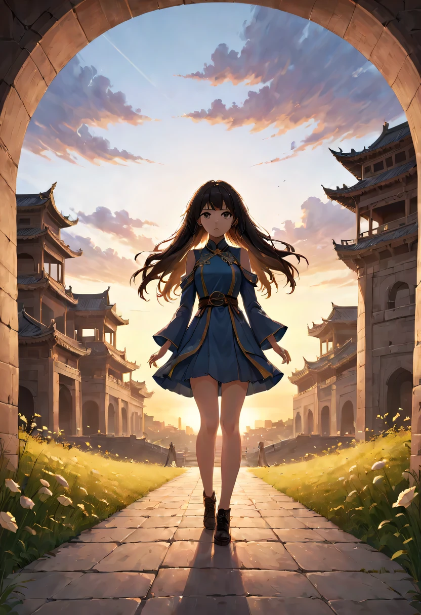 (masterpiece, top quality, best quality, official art, Beautiful and beautiful:1.2), contour，backlight，chiaroscuro，vignette，Cinema lighting，film grain,1 girl,模特拍照姿势站在ancient city房屋的顶端，flowing long hair，Gaze at the distant skyline，那Sunset余晖与古老的the forbidden city映造出一道美丽的风景，west wind blows girl&#39;Long hair on the ancient road，the forbidden city，Sunset，Sunset，cloud，fallen flowers，ancient city，dead tree，mottled，grassland，Silent and desolate，