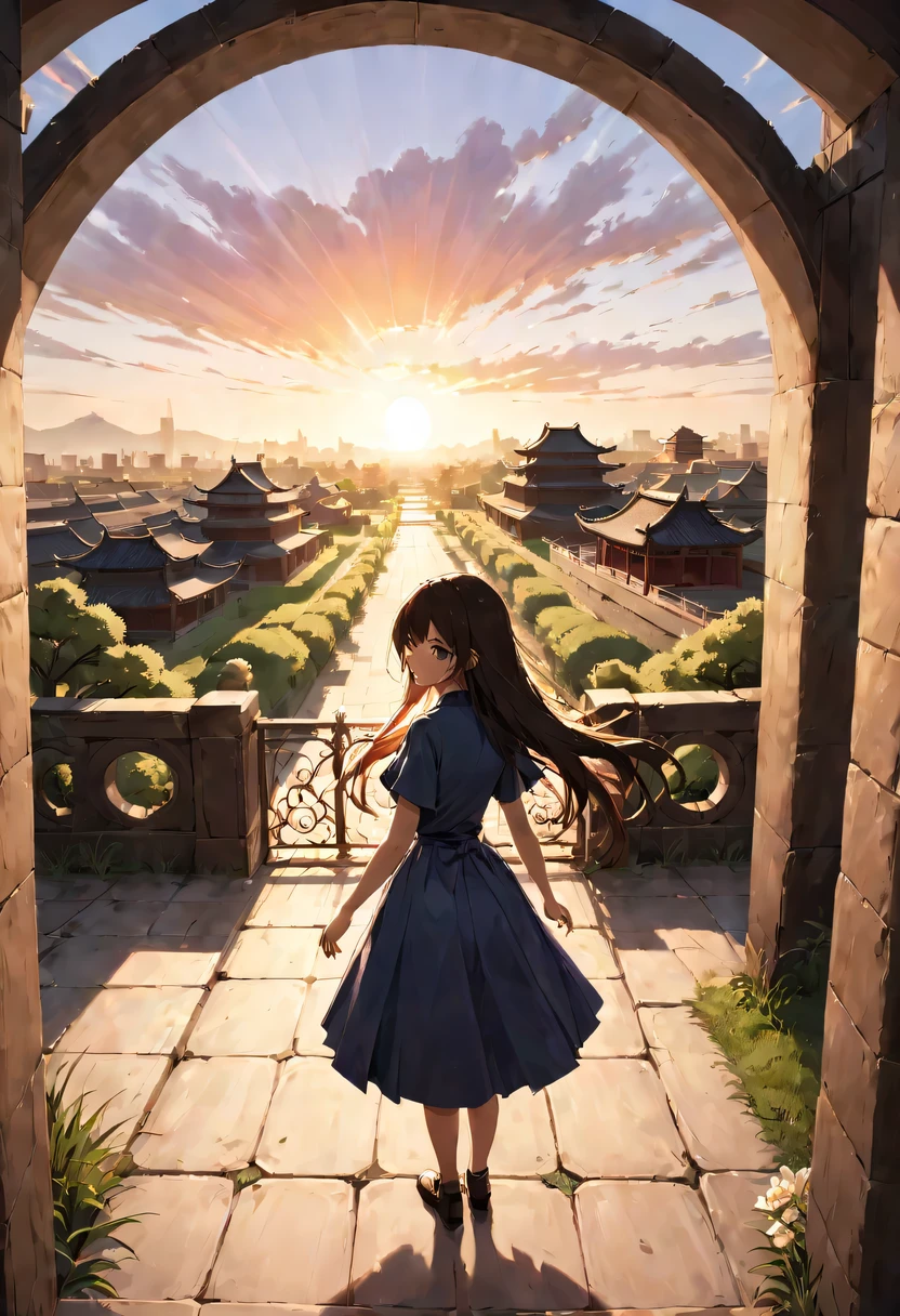 (masterpiece, top quality, best quality, official art, Beautiful and beautiful:1.2), contour，backlight，chiaroscuro，vignette，Cinema lighting，film grain,1 girl,模特拍照姿势站在ancient city房屋的顶端，flowing long hair，Gaze at the distant skyline，那Sunset余晖与古老的the forbidden city映造出一道美丽的风景，west wind blows girl&#39;Long hair on the ancient road，the forbidden city，Sunset，Sunset，cloud，fallen flowers，ancient city，dead tree，mottled，grassland，Silent and desolate，