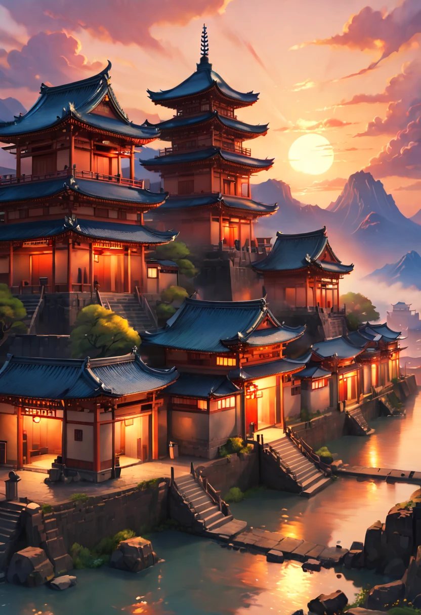 Ancient City, Sunset, by Fuji Choko, best quality, masterpiece, 8k