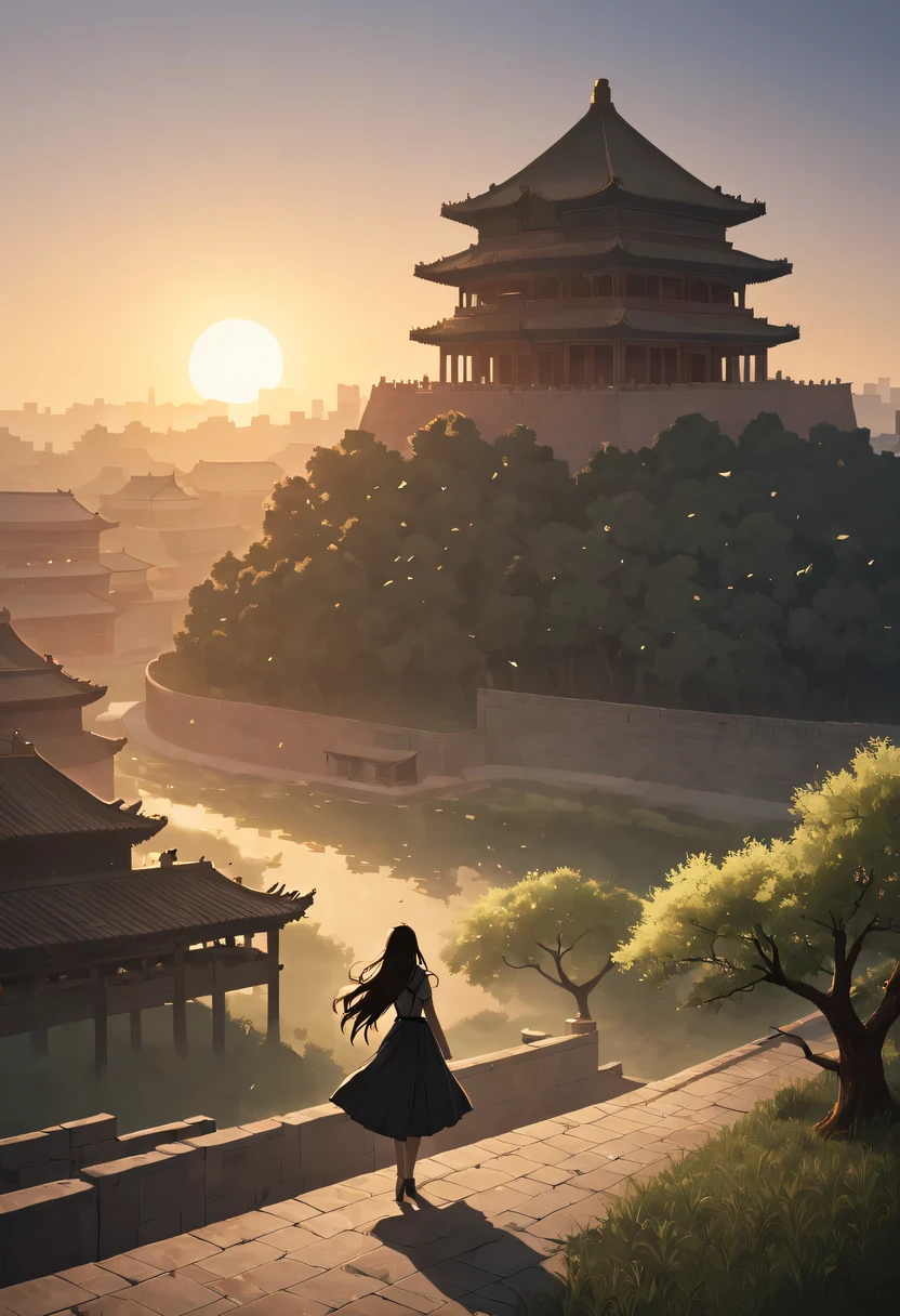 (masterpiece, top quality, best quality, official art, Beautiful and beautiful:1.2), contour，backlight，chiaroscuro，vignette，Cinema lighting，film grain,1 girl,模特拍照姿势站在ancient city房屋的顶端，flowing long hair，Gaze at the distant skyline，那Sunset余晖与古老的the forbidden city映造出一道美丽的风景，west wind blows girl&#39;Long hair on the ancient road，the forbidden city，Sunset，Sunset，cloud，fallen flowers，ancient city，dead tree，mottled，grassland，Silent and desolate，