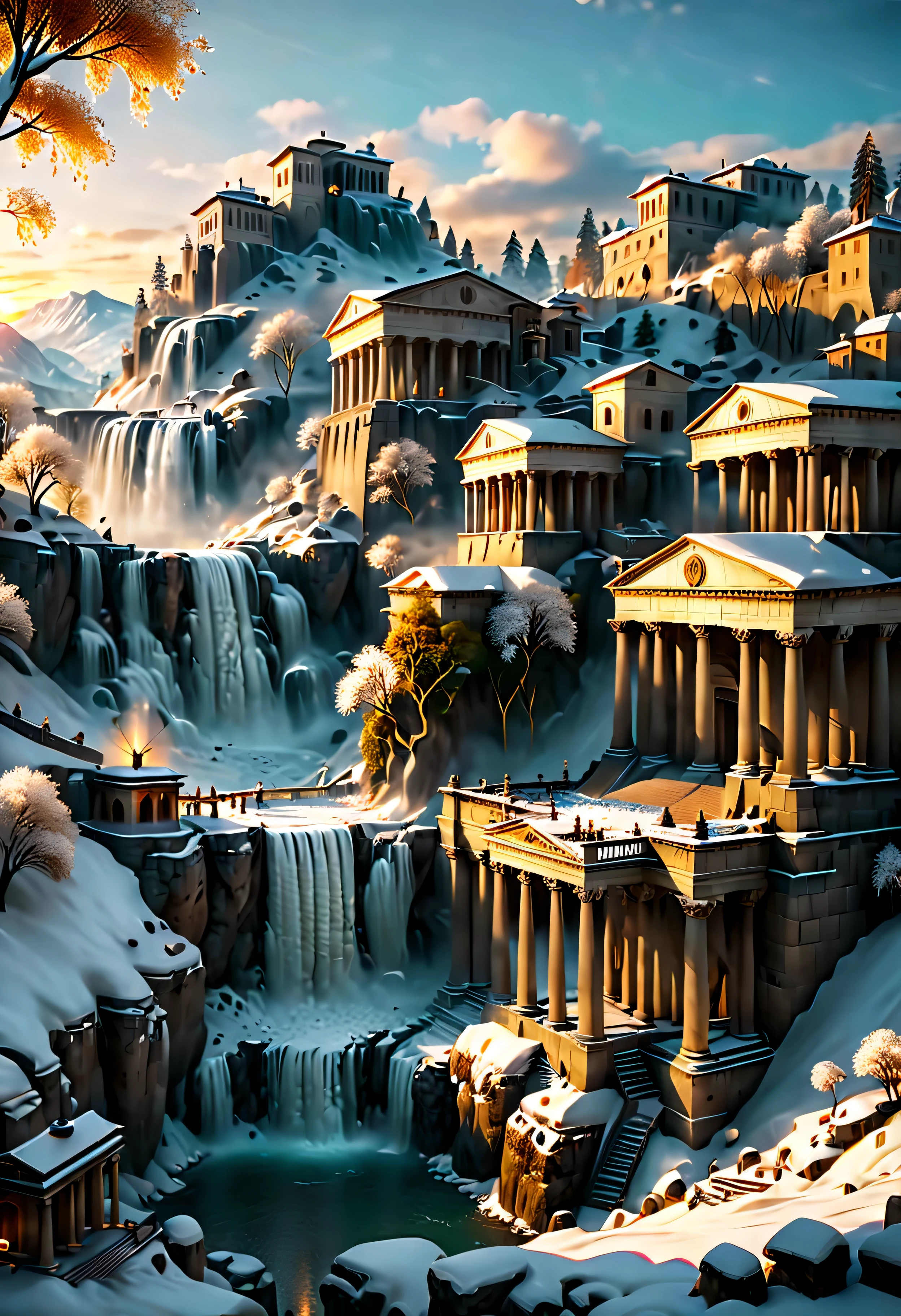 A Pagan Temple overlooks Ancient Roman city with Majestic Freezing Waterfall, mesmerizing freezing waterfall by Sunset light,((golden hour time):1.2),((Ancient Roman City):1.2),((Snow covered trees):1.1), delicate golden hour light, amazing wallpapers, beautiful surroundings, optimistic matte painting, Beautiful digital artwork, Ancient Roman City background, Beautiful and detailed scenes, UHD underground, UHD landscape, Majestic concept art, beautiful Ancient City. |(Masterpiece in maximum 16K resolution), the best quality, (very detailed CG unity 16k wallpaper quality),(Soft colors 16k highly detailed digital art),Super Detailed. | Perfect image,16k UE5,official painting, superfine, Depth of field, no contrast, clean sharp focus, professional, No blurring. | (((More detail))).