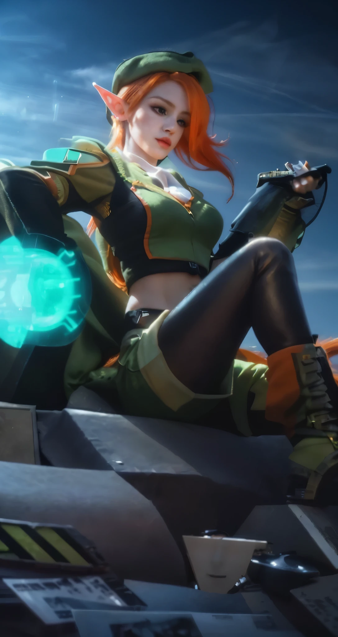 Real life adaption of this character, beauty face, realistic same orange hair hair, elf ear,realistic same outfit, realistic light, realistic shadow, realism, hyper realistic, (photorealistic 1:2),detail,4k