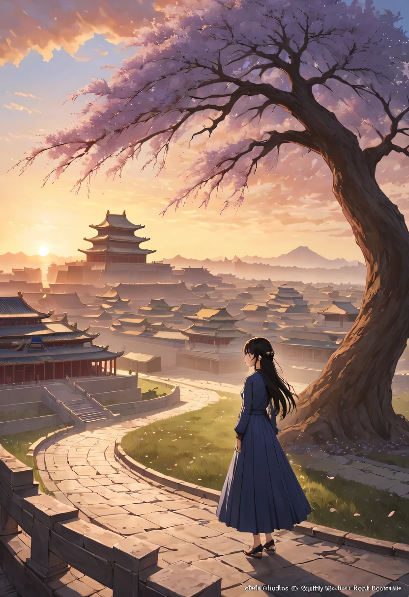 (masterpiece, top quality, best quality, official art, Beautiful and beautiful:1.2), contour，backlight，chiaroscuro，vignette，Cinema lighting，film grain,1 girl,模特拍照姿势站在ancient city房屋的顶端，flowing long hair，Gaze at the distant skyline，那Sunset余晖与古老的the forbidden city映造出一道美丽的风景，west wind blows girl&#39;Long hair on the ancient road，the forbidden city，Sunset，Sunset，cloud，fallen flowers，ancient city，dead tree，mottled，grassland，Silent and desolate，