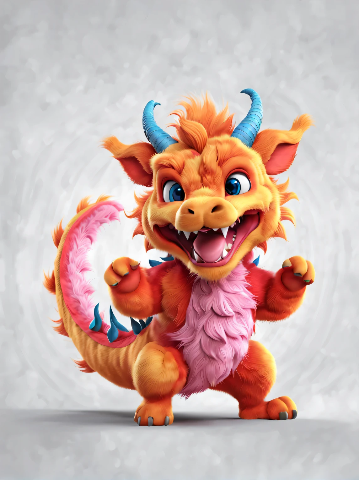 3d rendering, realistic fur, character idea, The cute zodiac dragon takes exaggerated steps, dynamic action, orange fur, big blue eyes, Narrow your eyes and smile mischievously (Eyes narrowed into crescent shapes), wearing scarlet clothes, range mark plot, monochrome, brush outline, 4K, soft pink, interesting,