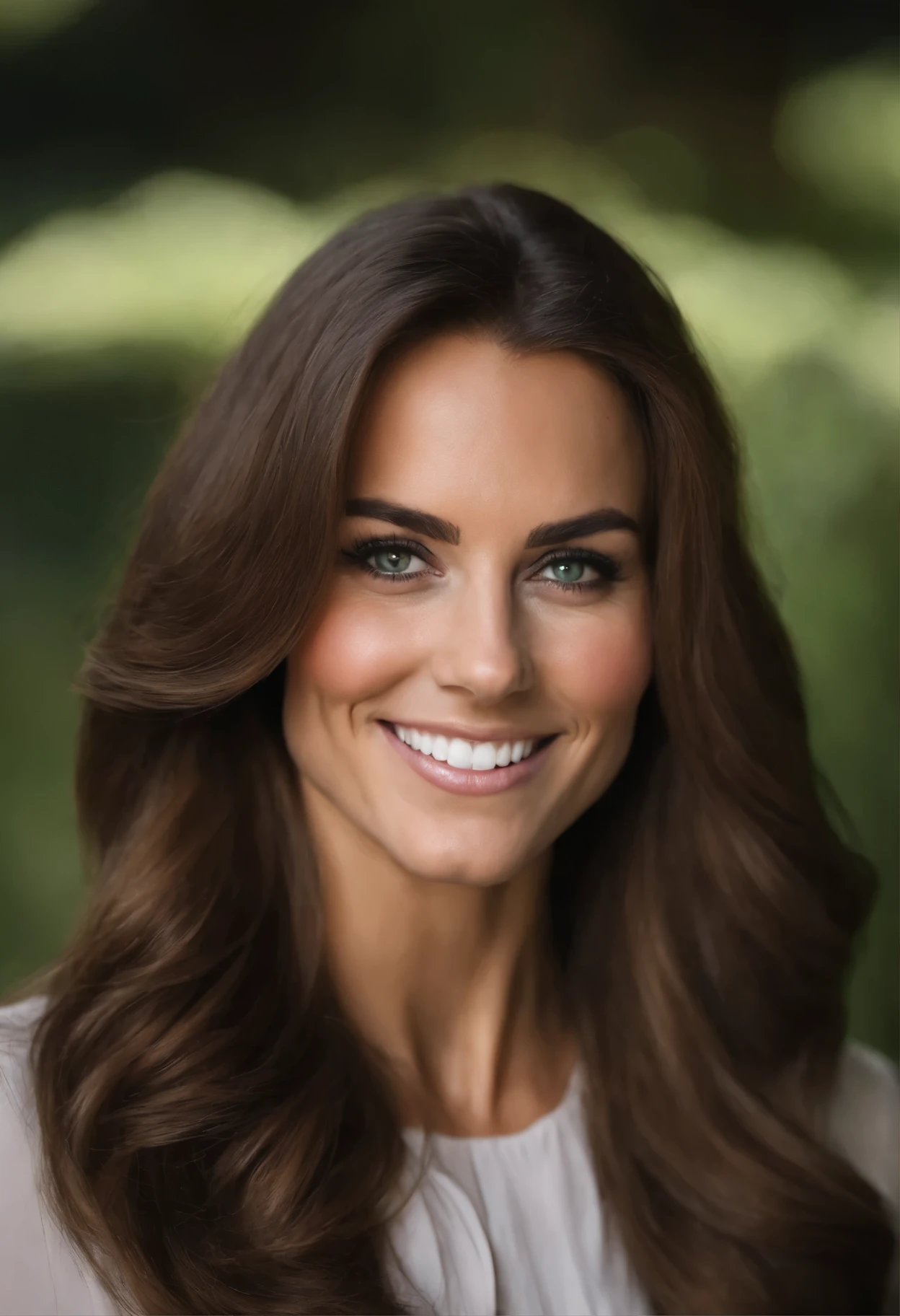 Femme Arafed avec chemisier blanc et collier, fille sexy aux yeux verts, Portrait Kate Middleton, cheveux bruns et grands yeux, selfie d'une jeune femme, Yeux de chambre, Violet Myers, sans maquillage, maquillage naturel, regardant directement la caméra, Visage avec Artgram, maquillage subtil, gros plan époustouflant, yeux verts perçants, souriant