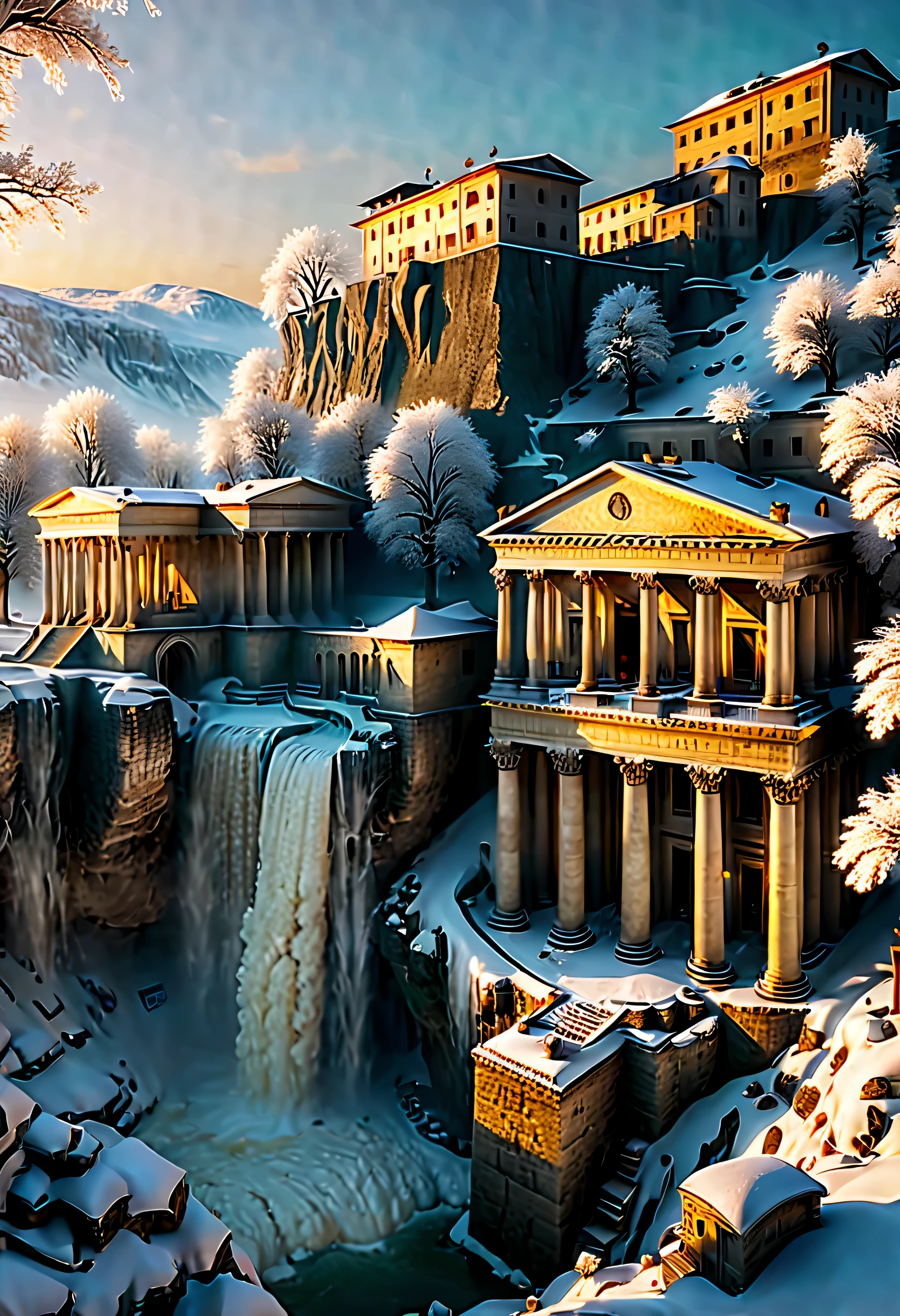 A Pagan Temple overlooks Ancient Roman city with Majestic Freezing Waterfall, mesmerizing freezing waterfall by Sunset light,((golden hour time):1.2),((Ancient Roman City):1.2),((Snow covered trees):1.1), delicate golden hour light, amazing wallpapers, beautiful surroundings, optimistic matte painting, Beautiful digital artwork, Ancient Roman City background, Beautiful and detailed scenes, UHD underground, UHD landscape, Majestic concept art, beautiful Ancient City. |(Masterpiece in maximum 16K resolution), the best quality, (very detailed CG unity 16k wallpaper quality),(Soft colors 16k highly detailed digital art),Super Detailed. | Perfect image,16k UE5,official painting, superfine, Depth of field, no contrast, clean sharp focus, professional, No blurring. | (((More detail))).