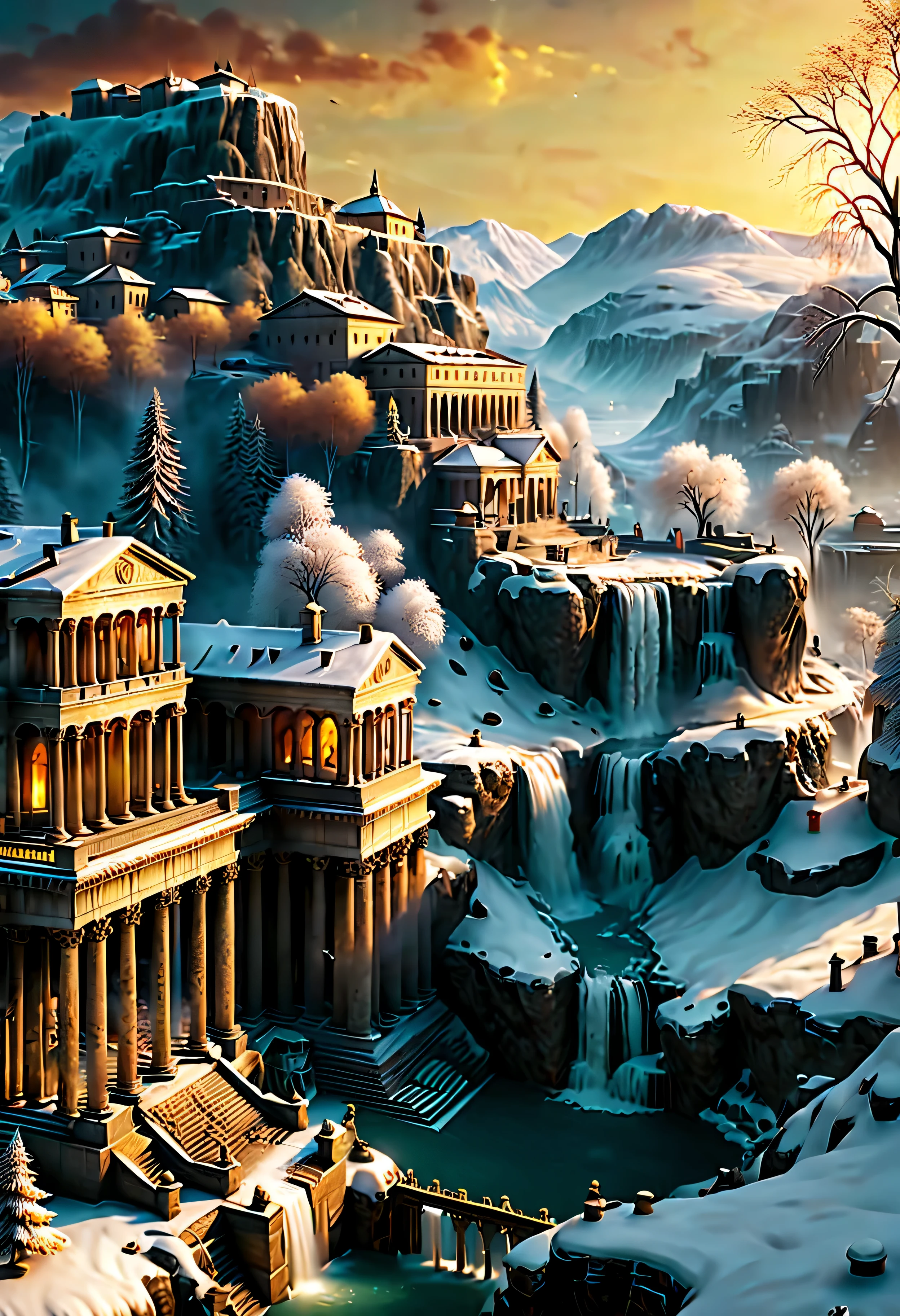 A Pagan Temple overlooks Ancient Roman city with Majestic Freezing Waterfall, mesmerizing freezing waterfall by Sunset light,((golden hour time):1.2),((Ancient Roman City):1.2),((Snow covered trees):1.1), delicate golden hour light, amazing wallpapers, beautiful surroundings, optimistic matte painting, Beautiful digital artwork, Ancient Roman City background, Beautiful and detailed scenes, UHD underground, UHD landscape, Majestic concept art, beautiful Ancient City. |(Masterpiece in maximum 16K resolution), the best quality, (very detailed CG unity 16k wallpaper quality),(Soft colors 16k highly detailed digital art),Super Detailed. | Perfect image,16k UE5,official painting, superfine, Depth of field, no contrast, clean sharp focus, professional, No blurring. | (((More detail))).