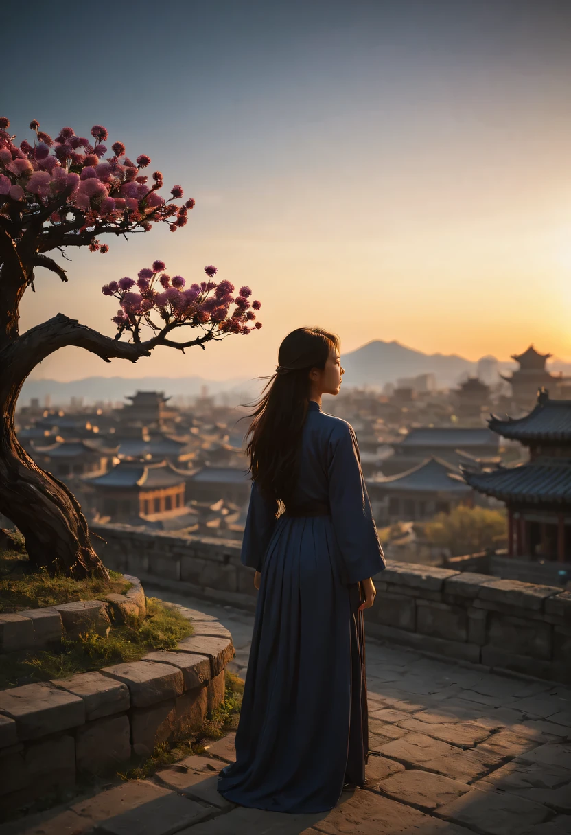 (masterpiece, top quality, best quality, official art, Beautiful and beautiful:1.2), contour，backlight，chiaroscuro，vignette，Cinema lighting，film grain,(1 girl:1.2),模特拍照姿势站在ancient city房屋的顶端，flowing long hair，Gaze at the distant skyline，那Sunset余晖与古老的the forbidden city映造出一道美丽的风景，west wind blows girl&#39;Long hair on the ancient road，(the forbidden city:1.3)，(Sunset:1.4)，Sunset，cloud，fallen flowers，ancient city，dead tree，mottled，grassland，Silent and desolate，