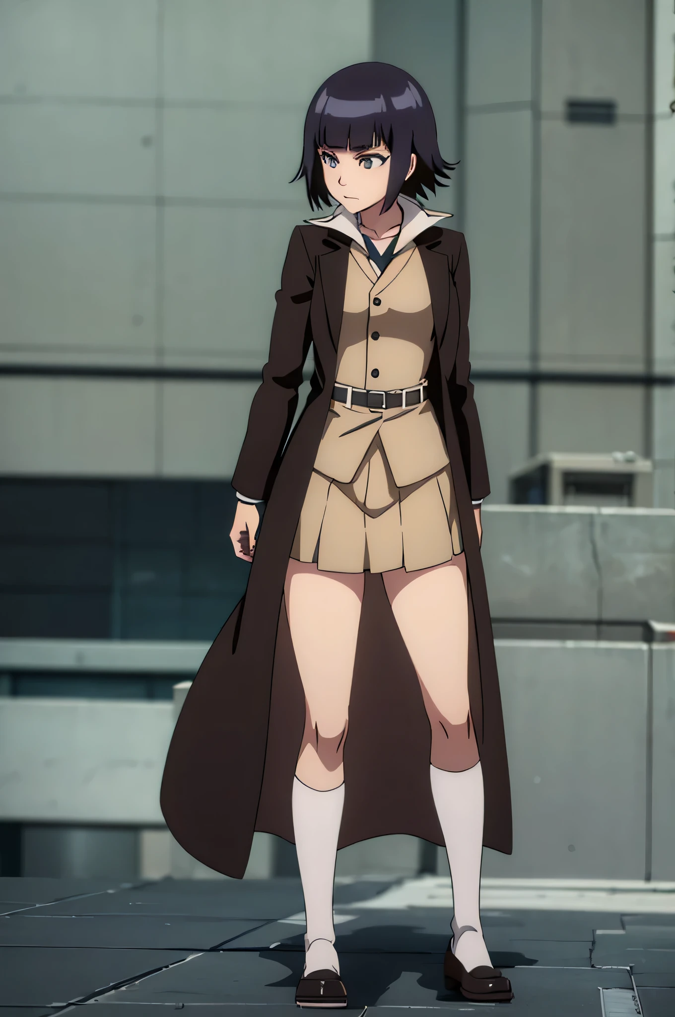 Anime girl with brown jacket and brown purse, detective clothes, she wears a jacket, anime style, The characters speak in monologues throughout their bodies., Stop Yamata, Chiaki Nanami from Danganronpa, ( ( Wear a long coat. ) ), Gloomy style, school girl, flat anime style, Dress well, long dress, Flowing clothes