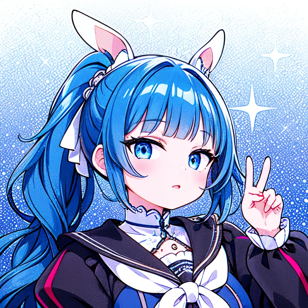 (Ultra-Detailed), (Ultra-Glowing), (Ultra-Reflections), (8K, Best Quality), (Masterpiece), (Illustration), (Shiny Skin), (Cinematic Lighting), 1Girl, (Pinterest Trends, DeviantArt Trends), (Delicate Detailed), (Intricate Details), Octane Render, (Glowing Accessories), Anime Girl With Blonde Pony Tails Making A Peace Sign, Cute Blue Eyes, Cute White School Uniform, 1980s Photo Filter