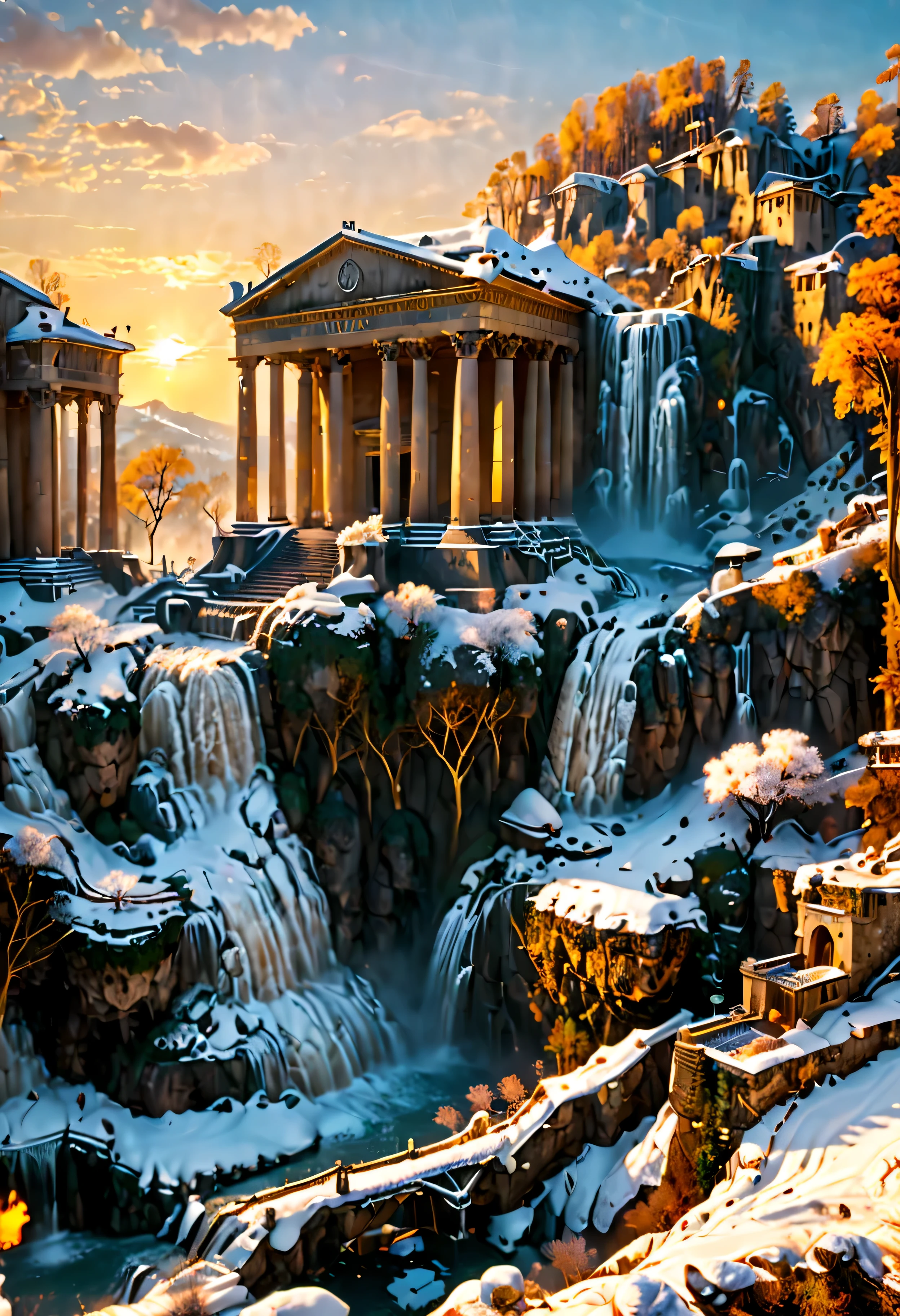 A Pagan Temple overlooks Ancient Roman city with Majestic Freezing Waterfall, mesmerizing freezing waterfall by Sunset light,((golden hour time):1.2),((Ancient Roman City):1.2),((Snow covered trees):1.1), delicate golden hour light, amazing wallpapers, beautiful surroundings, optimistic matte painting, Beautiful digital artwork, Ancient Roman City background, Beautiful and detailed scenes, UHD underground, UHD landscape, Majestic concept art, beautiful Ancient City. |(Masterpiece in maximum 16K resolution), the best quality, (very detailed CG unity 16k wallpaper quality),(Soft colors 16k highly detailed digital art),Super Detailed. | Perfect image,16k UE5,official painting, superfine, Depth of field, no contrast, clean sharp focus, professional, No blurring. | (((More detail))).