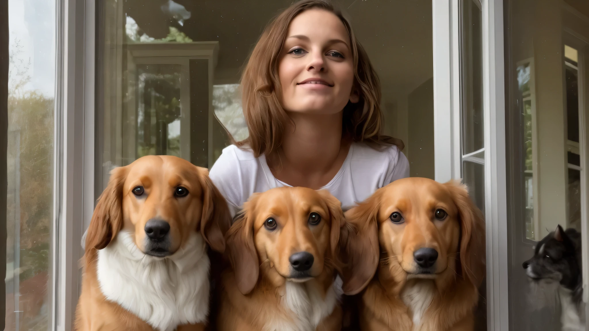 there are a lot of dogs that are sitting in the window, with dogs, looking outside, beautiful faces, looking out the window, !!natural beauty!!, looking in the window, near a window window, beautiful girls, looking out of the window, all looking at camera, !! looking at the camera!!, & they all look terrified, posing for a picture