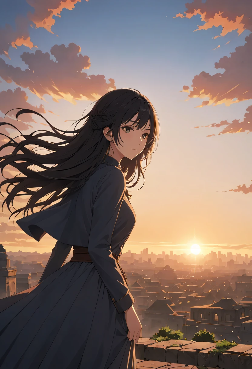 (masterpiece, top quality, best quality, official art, Beautiful and beautiful:1.2), contour,backlight,chiaroscuro,vignette,Cinema lighting,film grain,(1 girl:1.2),模特拍照姿势站在ancient city房屋的顶端,flowing long hair,Gaze at the distant skyline,那Sunset余晖与古老的the forbidden city映造出一道美丽的风景,west wind blows girl'Long hair on the ancient road,(the forbidden city:1.3),(Sunset:1.4),Sunset,cloud,fallen flowers,ancient city,dead tree,mottled,grassland,Silent and desolate,