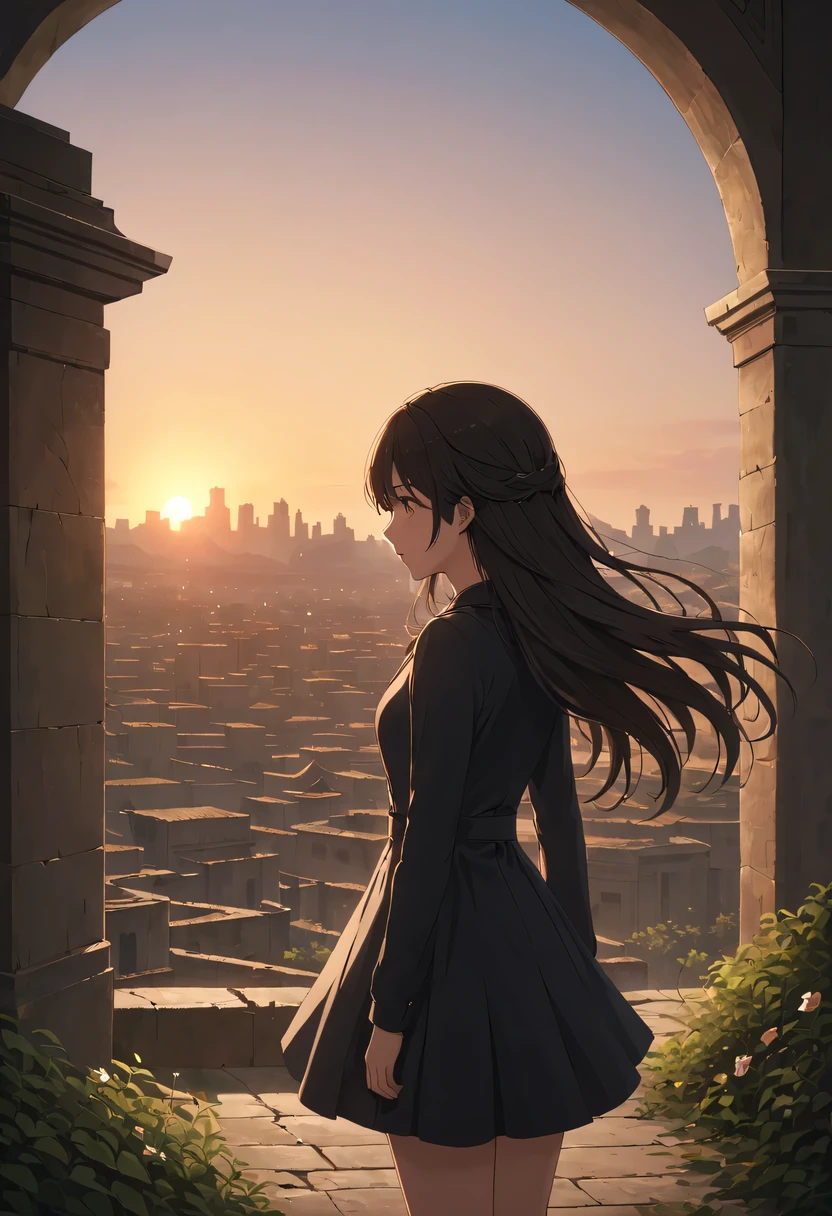 (masterpiece, top quality, best quality, official art, Beautiful and beautiful:1.2), contour,backlight,chiaroscuro,vignette,Cinema lighting,film grain,(1 girl:1.2),模特拍照姿势站在ancient city房屋的顶端,flowing long hair,Gaze at the distant skyline,那Sunset余晖与古老的the forbidden city映造出一道美丽的风景,west wind blows girl'Long hair on the ancient road,(the forbidden city:1.3),(Sunset:1.4),Sunset,cloud,fallen flowers,ancient city,dead tree,mottled,grassland,Silent and desolate,