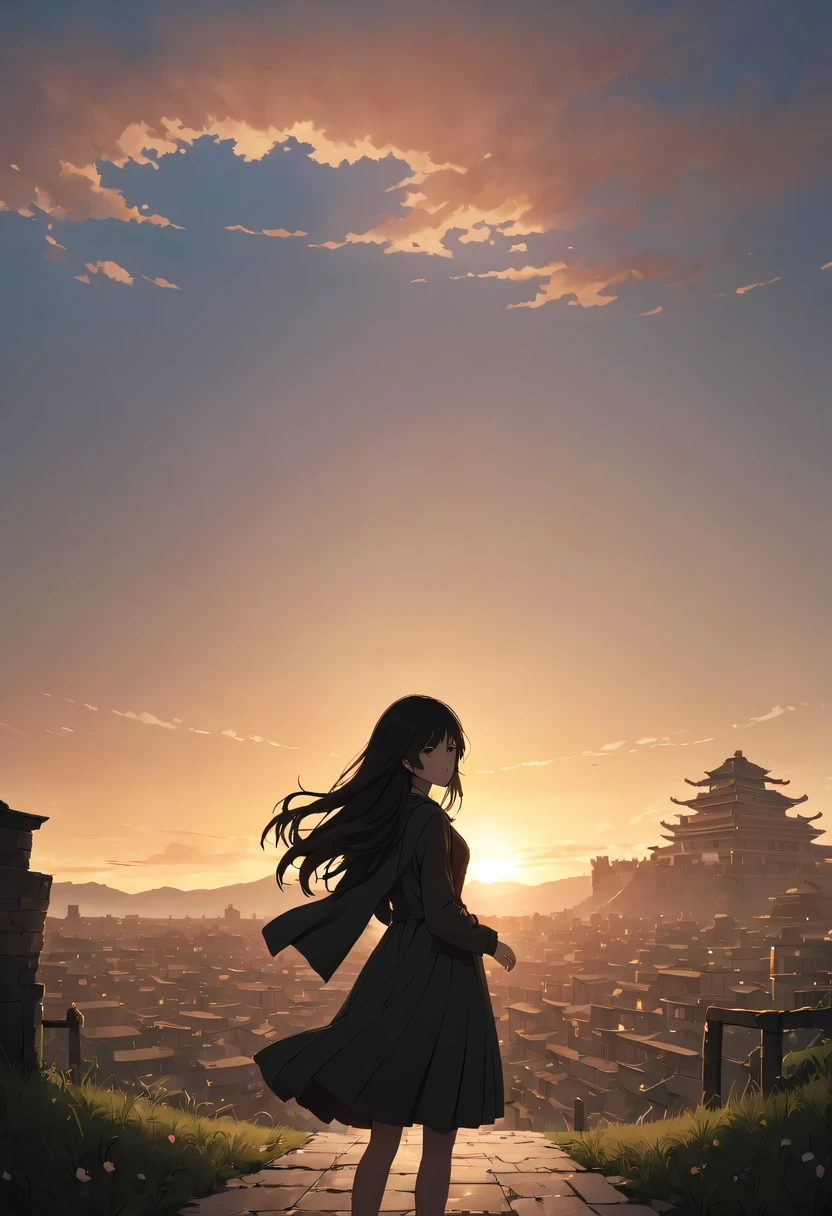 (masterpiece, top quality, best quality, official art, Beautiful and beautiful:1.2), contour，backlight，chiaroscuro，vignette，Cinema lighting，film grain,1 girl,模特拍照姿势站在ancient city房屋的顶端，flowing long hair，Gaze at the distant skyline，那Sunset余晖与古老的the forbidden city映造出一道美丽的风景，west wind blows girl&#39;Long hair on the ancient road，the forbidden city，Sunset，Sunset，cloud，fallen flowers，ancient city，dead tree，mottled，grassland，Silent and desolate，