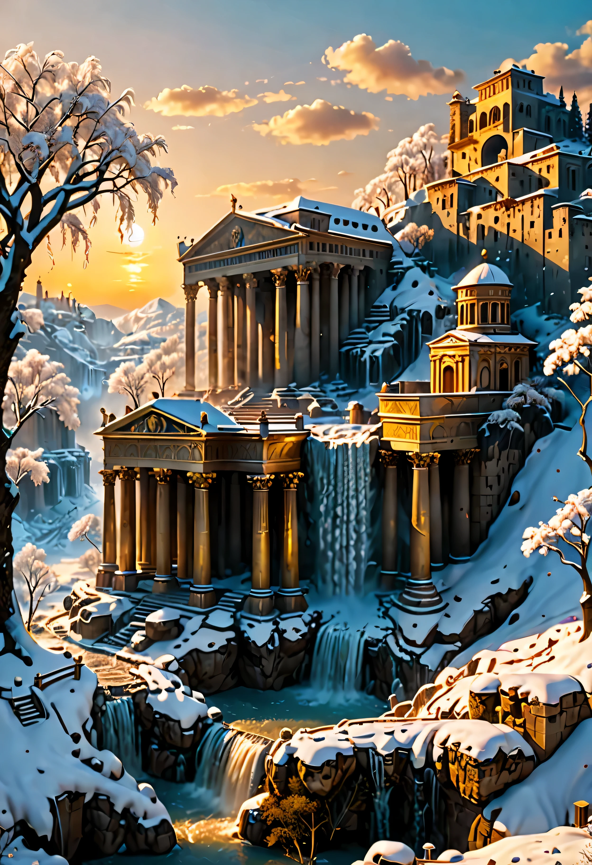 A Pagan Temple overlooks Ancient Roman city with Majestic Freezing Waterfall, mesmerizing freezing waterfall by Sunset light,((golden hour time):1.2),((Ancient Roman City):1.2),((Snow covered trees):1.1), delicate golden hour light, amazing wallpapers, beautiful surroundings, optimistic matte painting, Beautiful digital artwork, Ancient Roman City background, Beautiful and detailed scenes, UHD underground, UHD landscape, Majestic concept art, beautiful Ancient City. |(Masterpiece in maximum 16K resolution), the best quality, (very detailed CG unity 16k wallpaper quality),(Soft colors 16k highly detailed digital art),Super Detailed. | Perfect image,16k UE5,official painting, superfine, Depth of field, no contrast, clean sharp focus, professional, No blurring. | (((More detail))).