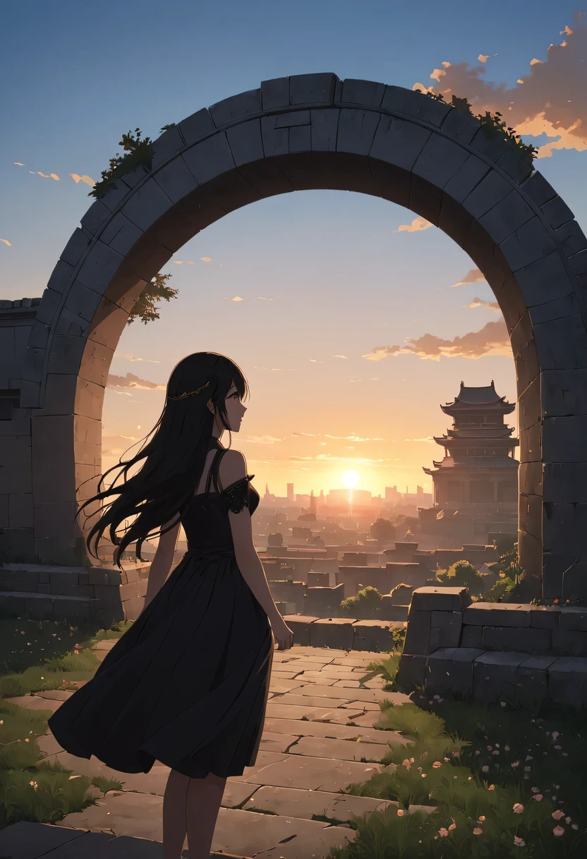 (masterpiece, top quality, best quality, official art, Beautiful and beautiful:1.2), contour，backlight，chiaroscuro，vignette，Cinema lighting，film grain,1 girl,模特拍照姿势站在ancient city房屋的顶端，flowing long hair，Gaze at the distant skyline，那Sunset余晖与古老的the forbidden city映造出一道美丽的风景，west wind blows girl&#39;Long hair on the ancient road，the forbidden city，Sunset，Sunset，cloud，fallen flowers，ancient city，dead tree，mottled，grassland，Silent and desolate，