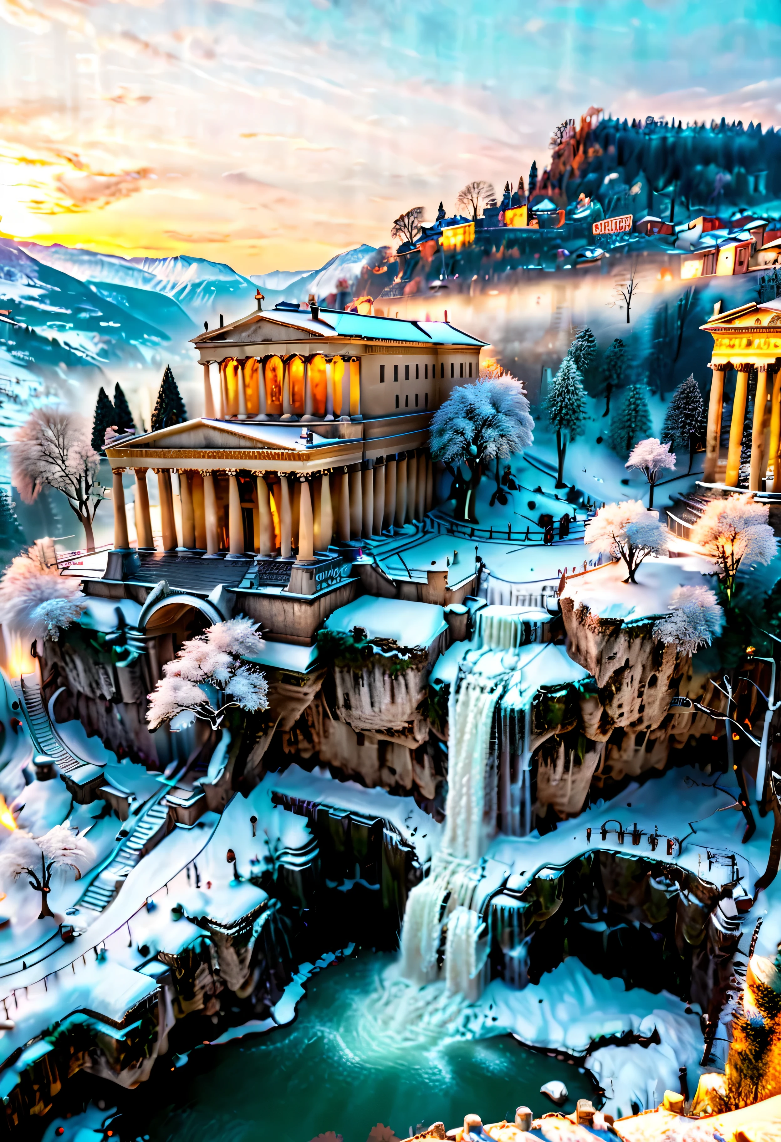 A Pagan Temple overlooks Ancient Roman city with Majestic Freezing Waterfall, mesmerizing freezing waterfall by Sunset light,((golden hour time):1.2),((Ancient Roman City):1.2),((Snow covered trees):1.1), delicate golden hour light, amazing wallpapers, beautiful surroundings, optimistic matte painting, Beautiful digital artwork, Ancient Roman City background, Beautiful and detailed scenes, UHD underground, UHD landscape, Majestic concept art, beautiful Ancient City. |(Masterpiece in maximum 16K resolution), the best quality, (very detailed CG unity 16k wallpaper quality),(Soft colors 16k highly detailed digital art),Super Detailed. | Perfect image,16k UE5,official painting, superfine, Depth of field, no contrast, clean sharp focus, professional, No blurring. | (((More detail))).