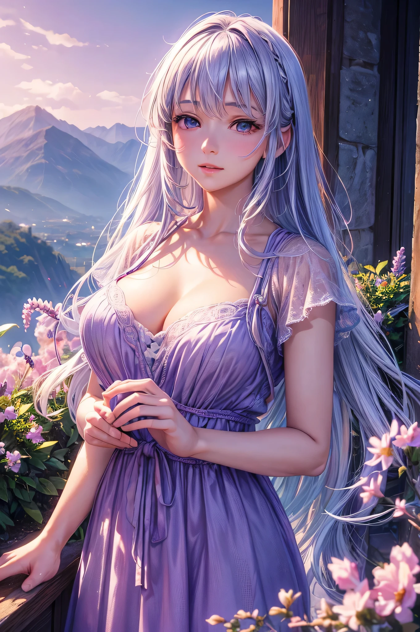 (melhor qualidade,4k,8k,high resolution,obra de arte:1.2),ultra-detalhado,(realista,photorealista,photo-realista:1.37), cores vibrantes, soft lighting, estilo anime, flores de lavanda, peaceful atmosphere, flowing dress, cabelo solto, olhos brilhantes, a delicate facial features, castle silhouette in the distance, paisagem sonhadora, Brisa suave, tons roxos, happy expression, serene sky, panoramic view, ambiente tranquilo, lavender fragrance, panoramic perspective, ambiente calmo e sereno, dreamlike environment, Immersive experience, apelo caprichoso, surrealista touch, perfect balance of light and shadow, harmonious composition, picturesque scenery, postura graciosa, romantic setting, ethereal beauty